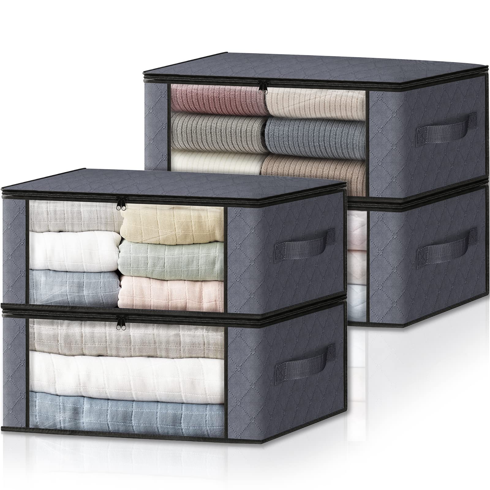 HomeHacks Storage 4-Pack Clothes Organizer Storage Bags Foldable Storage Box with Large Clear Window Sturdy Handles for Closet,