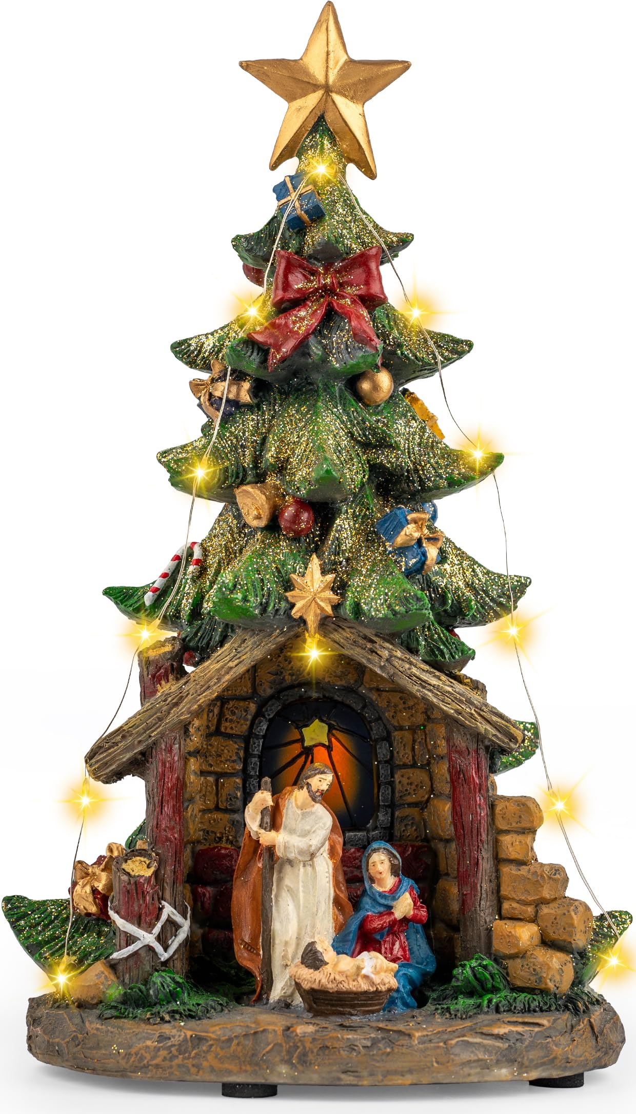 VISFLAIR 12'' Christmas Tree Lighted Manger Nativity Scene, Musical Holy Family Figurines LED Light Play Silent Night Music, Bat