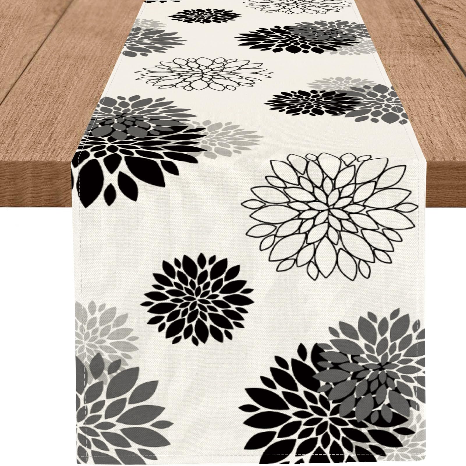 WHOMEAF Black Gray Table Runner Dahlia Pinnata Flower Beige Table Runners Modern Elegant Pompon Farmhouse Geometric Coffee Table