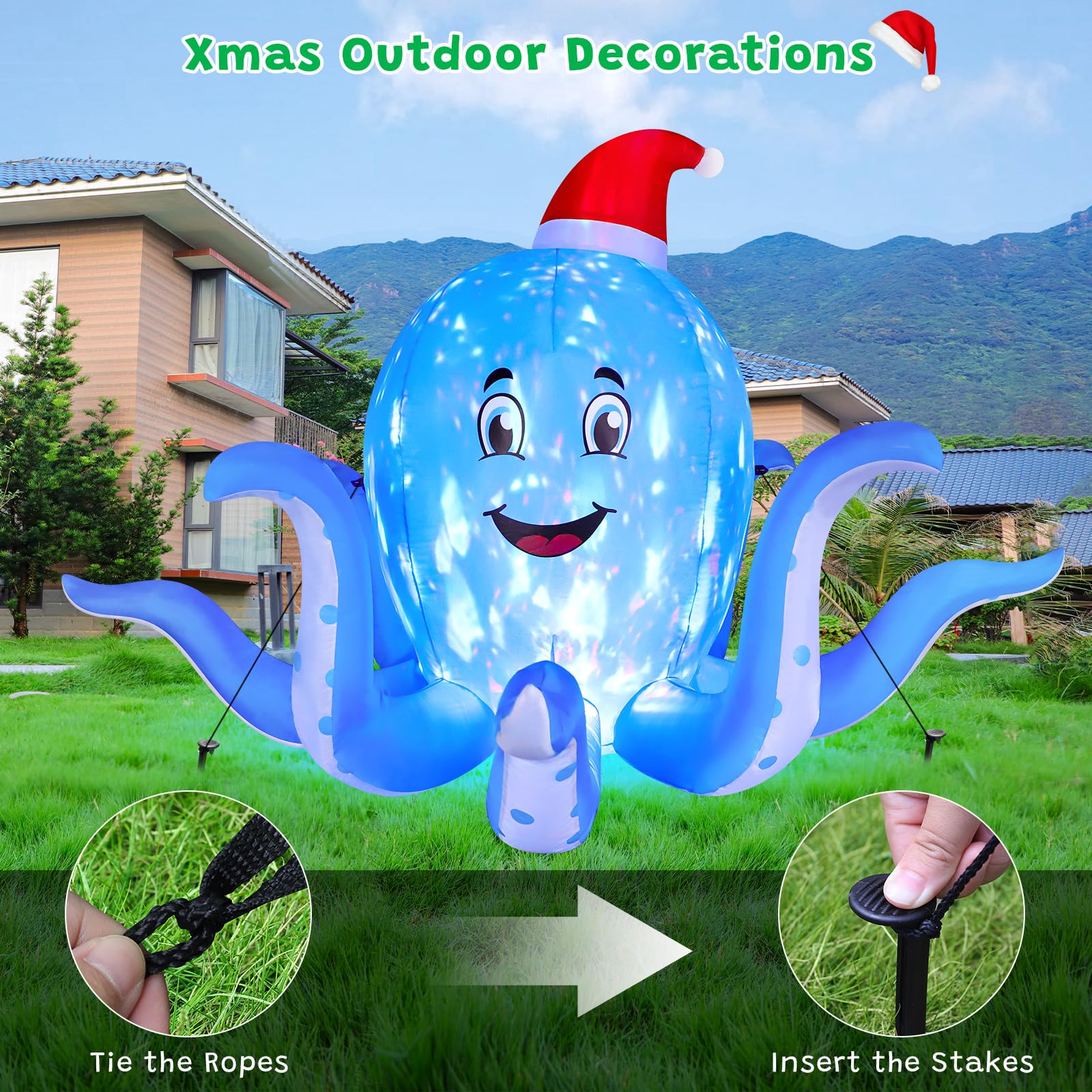 FunFanso 7FT Christmas Inflatable Octopus Outdoor Decorations, Blow up Blue Octopus with Xmas Hat Indoor Decor, Built-in Rotatin