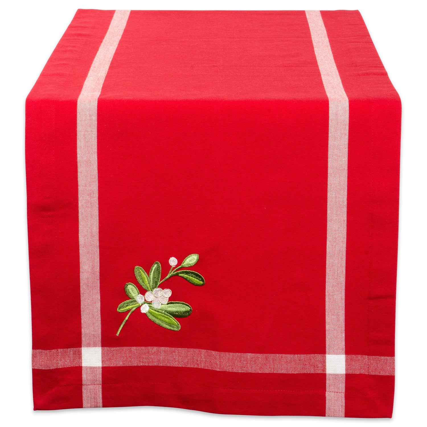DII 100% Cotton, Machine Washable, Table Runner For Dinner Parties, Christmas and Holidays  14x72, Red with Embroidered Mistle