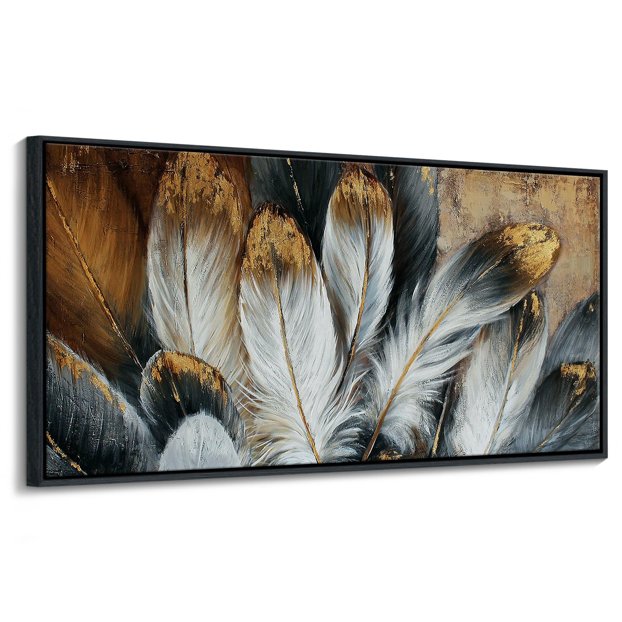 Framed Feather Canvas Wall Art Modern Living Room Bedroom Wall Decoration Large Canvas Painting Artwork For Home Decor White Gol