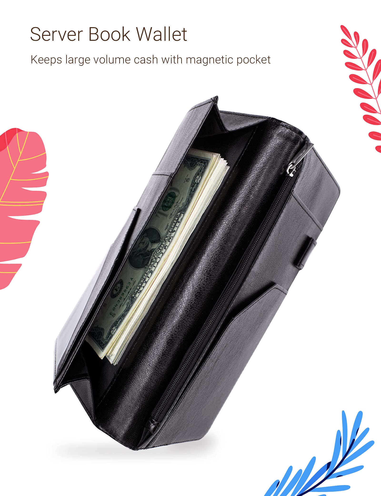 Mymazn Server Book For Waitress, 5X9 Server Book With Zipper, Magnetic Pocket, Pen Holder, Black Server Book With Flower Pattern