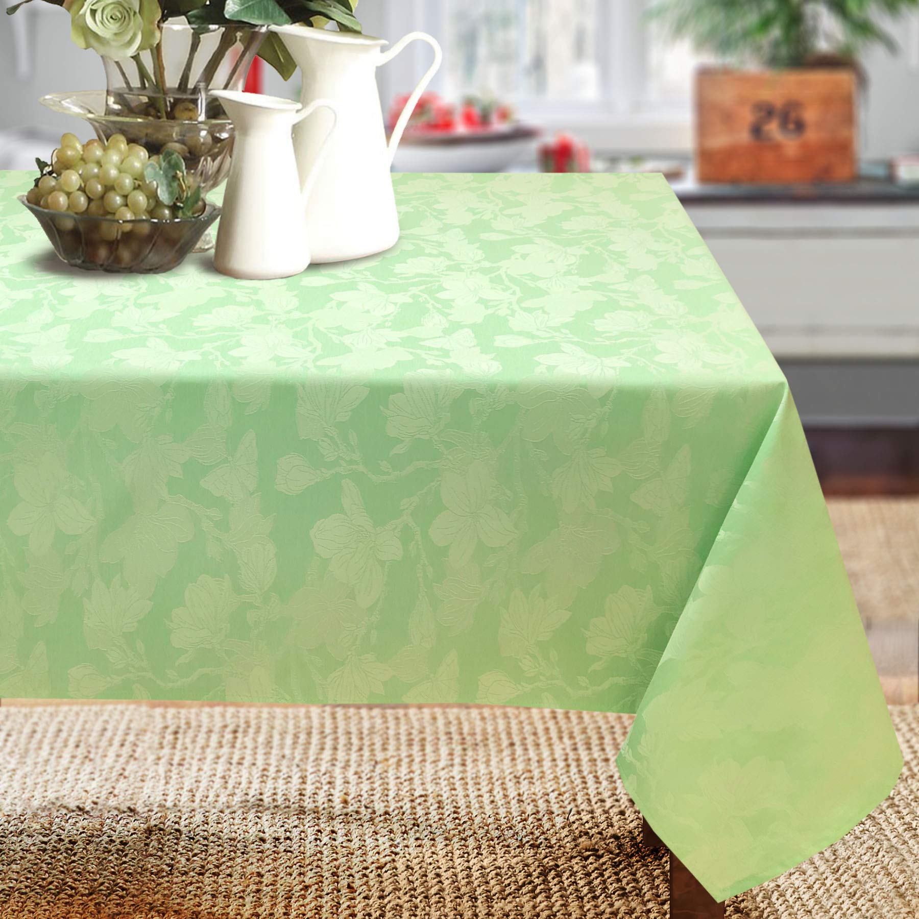 Cait Chapman Home Collection Spring Summer Botanic Garden Themed Jacquard Woven Tablecloth (70''X108'' Tablecloth, Mint)