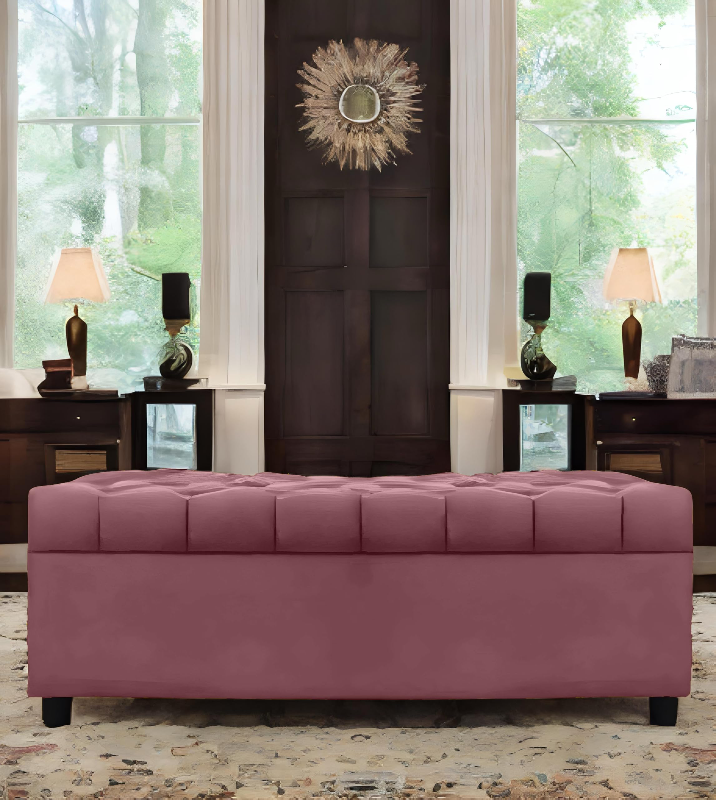 Amata Eagle 2 Seater Ottoman/Pouffe Mauve Colour Suede Velvet Fabric With Two Cushions Perfect For Home Living Room And Guests (