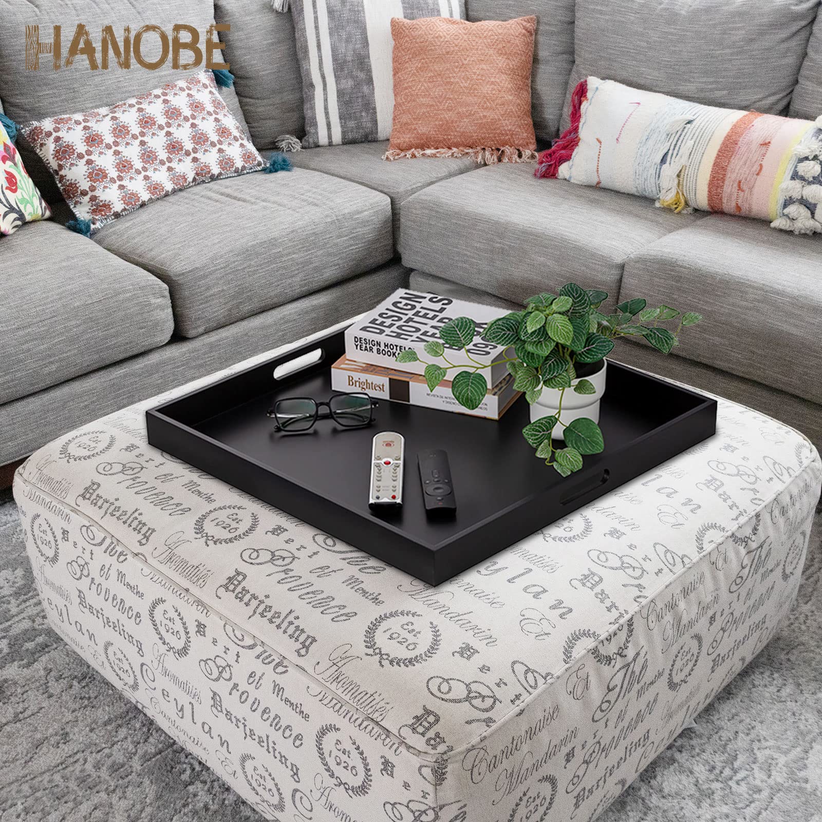 Hanobe Square Large Ottoman Tray: Modern Extra Large Black Serving Decorative Trays With Cutout Handles For Living Room Coffee T