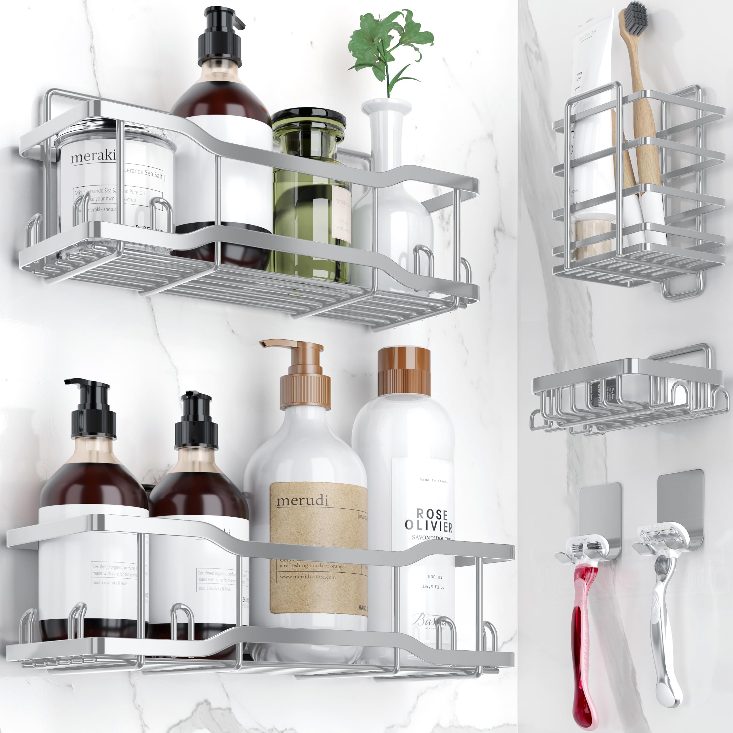Shower Caddy Bathroom Shelves, The Athena Silken 4 Set, 40LB Capacity, Adhesive Tape No Drill - Rustproof -Gorgeous Powder Coate