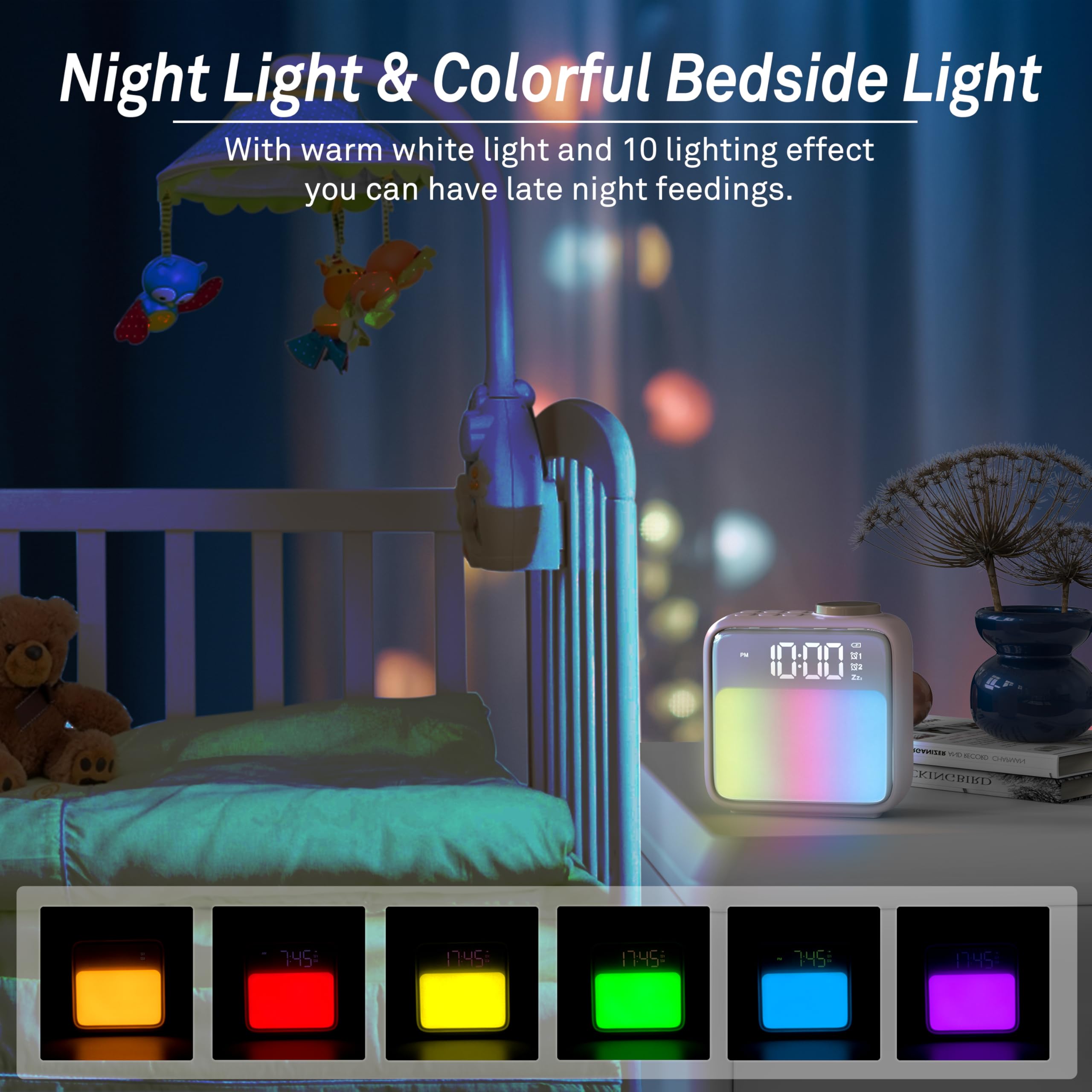 AIRIVO Alarm Clock Night Lights, Rechargeable Alarm Clock for Bedrooms, 6 Scenes & White Noise Sync, Dual Alarms & Snooze, for H