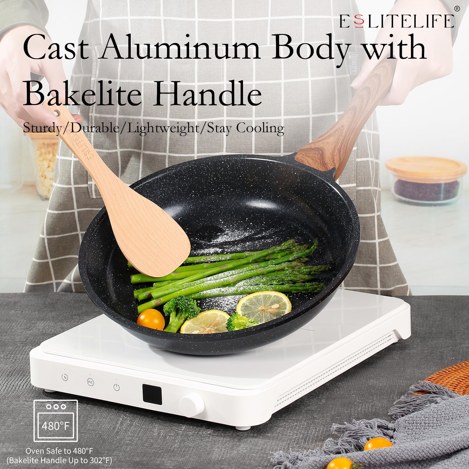 ESLITE LIFE Nonstick Ceramic Frying Pan Skillet with Lid, 8" Black, PTFE & PFOA Free, Compatible with All Stovetops (Model: ES-FP