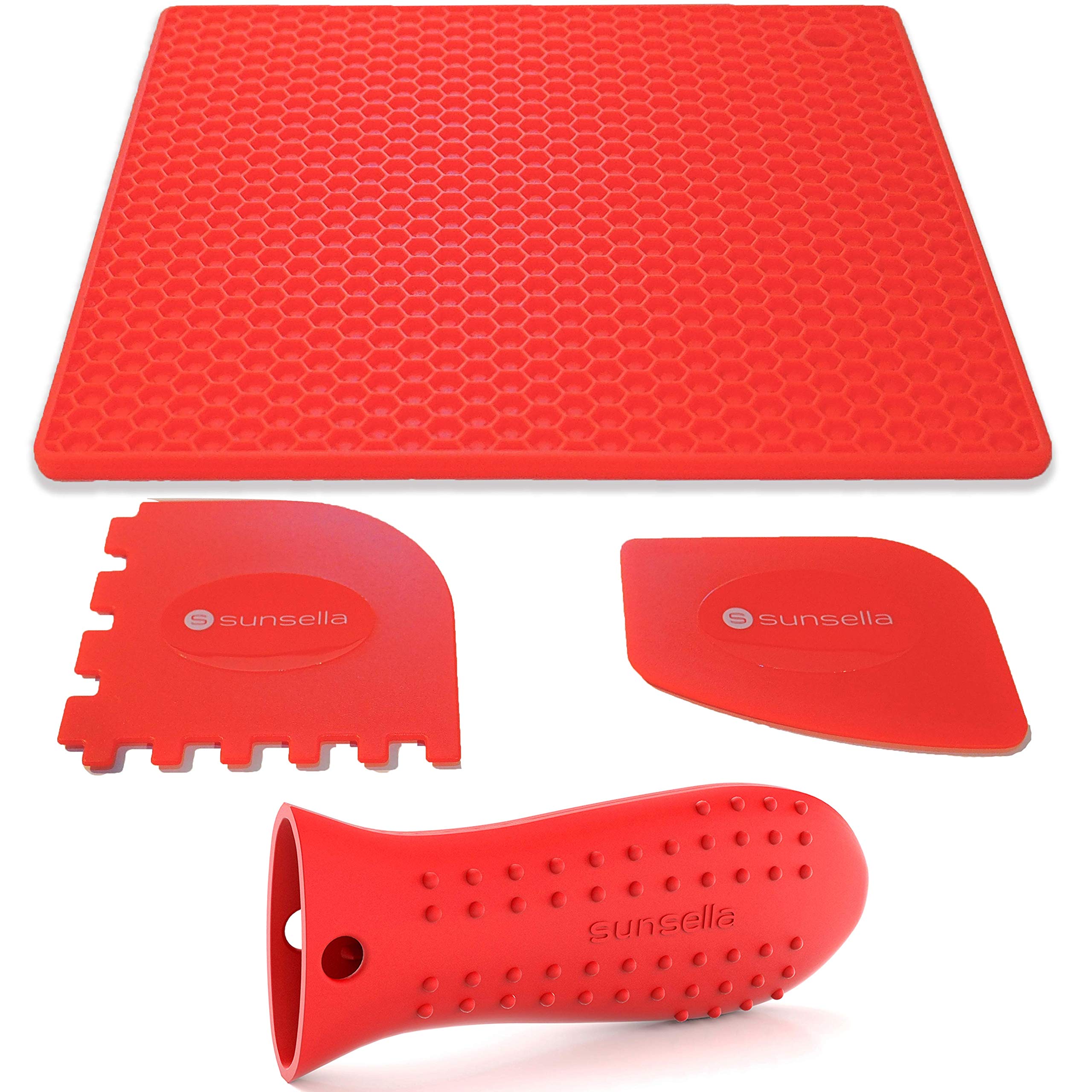 Sunsella Silicone Cast Iron Potholder Set - Hot Handle Holder With 2 X Pan Scrapers & Silicone Hot Pad