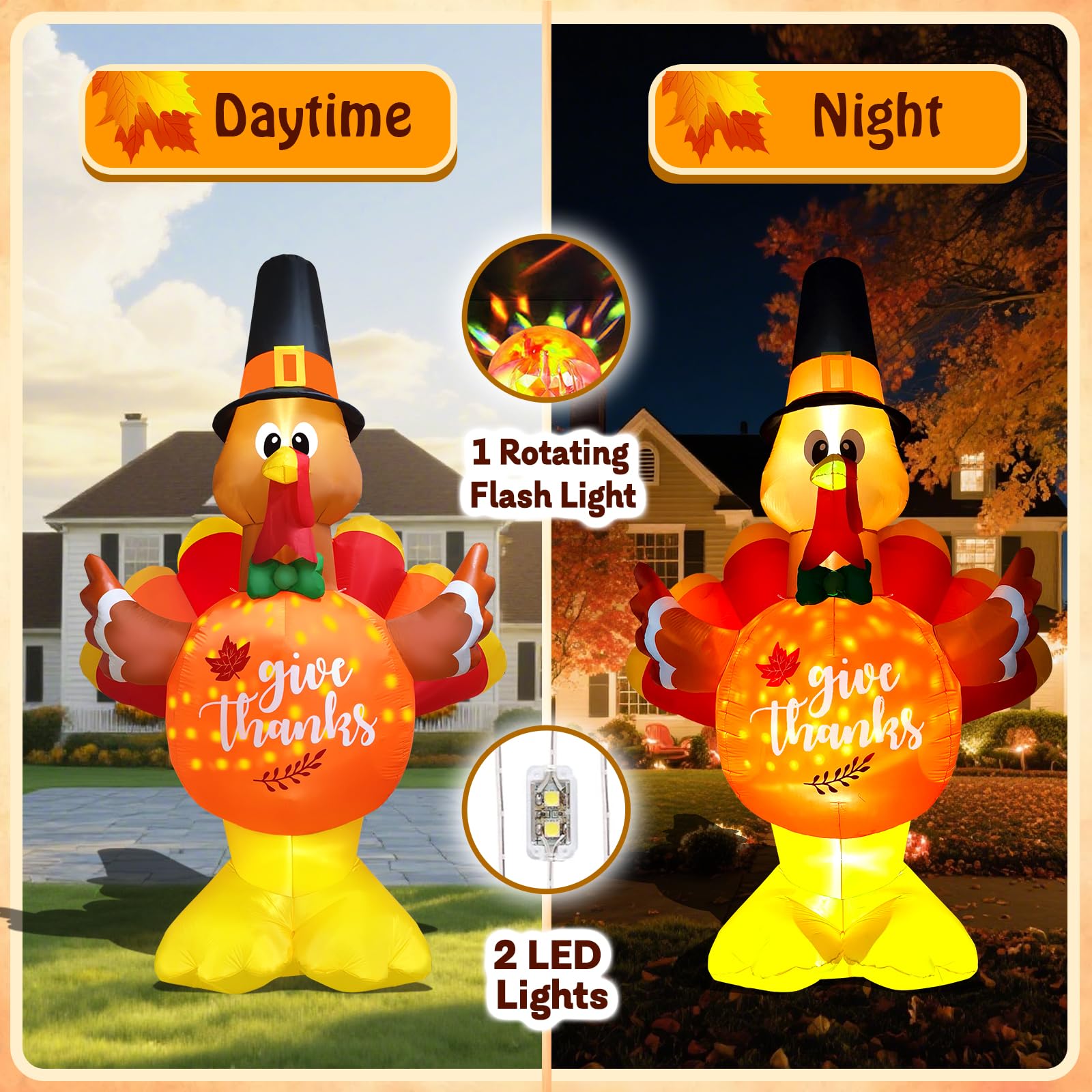 inslife 10FT Tall Thanksgiving Inflatables Turkey with Pumpkin Belly, Blow Up Turkey inflatables Built-in Rotating Snowflake Lig