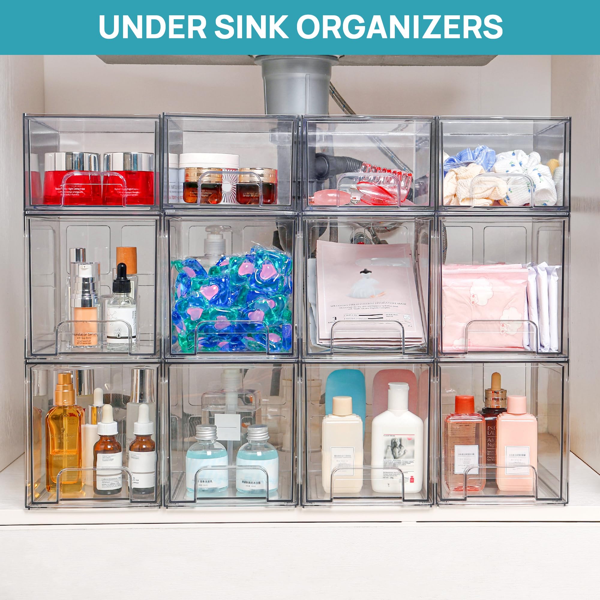 Vtopmart 2 Pack Stackable Storage Drawers, 6.6''Tall Acrylic Bathroom Makeup Organizers,Clear Plastic Storage Bins For Vanity, U