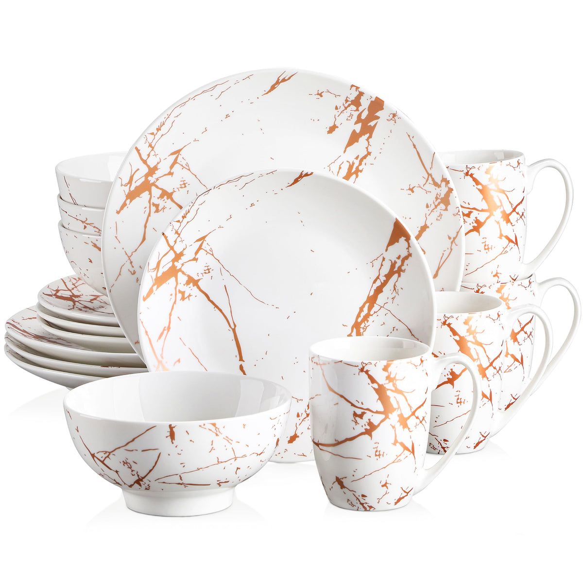 LOVECASA White Dinnerware Sets for 4, 16 Piece Porcelain Dish Set Plates and Bowls Sets, Gold Splash Glaze Ceramic Dinner Set wi