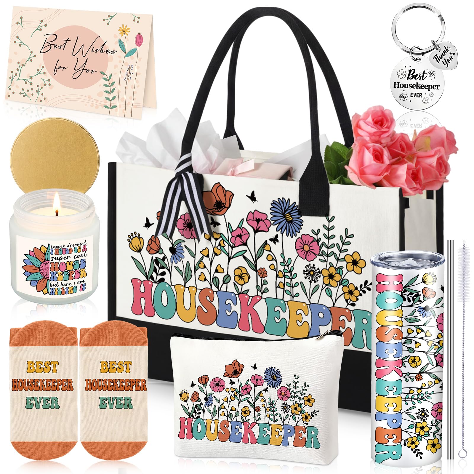 Patelai 7 Pcs Housekeeping Appreciation Gifts Thank You Housekeepers Birthday Gift Set with 20 oz Tumbler Canvas Tote Makeup for