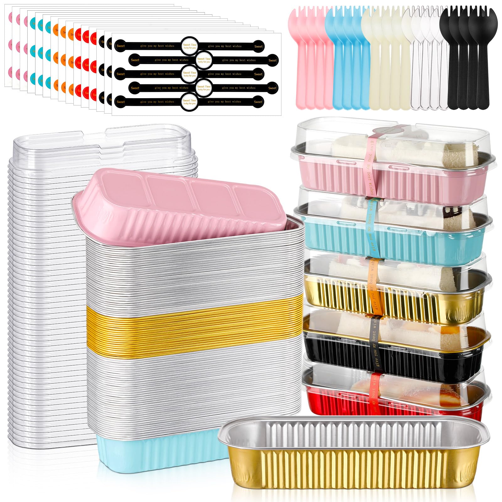 LemonRoad 600 Pcs Mini Loaf Pans with Lid Spoon Sticker 6.8oz, Mixed Color