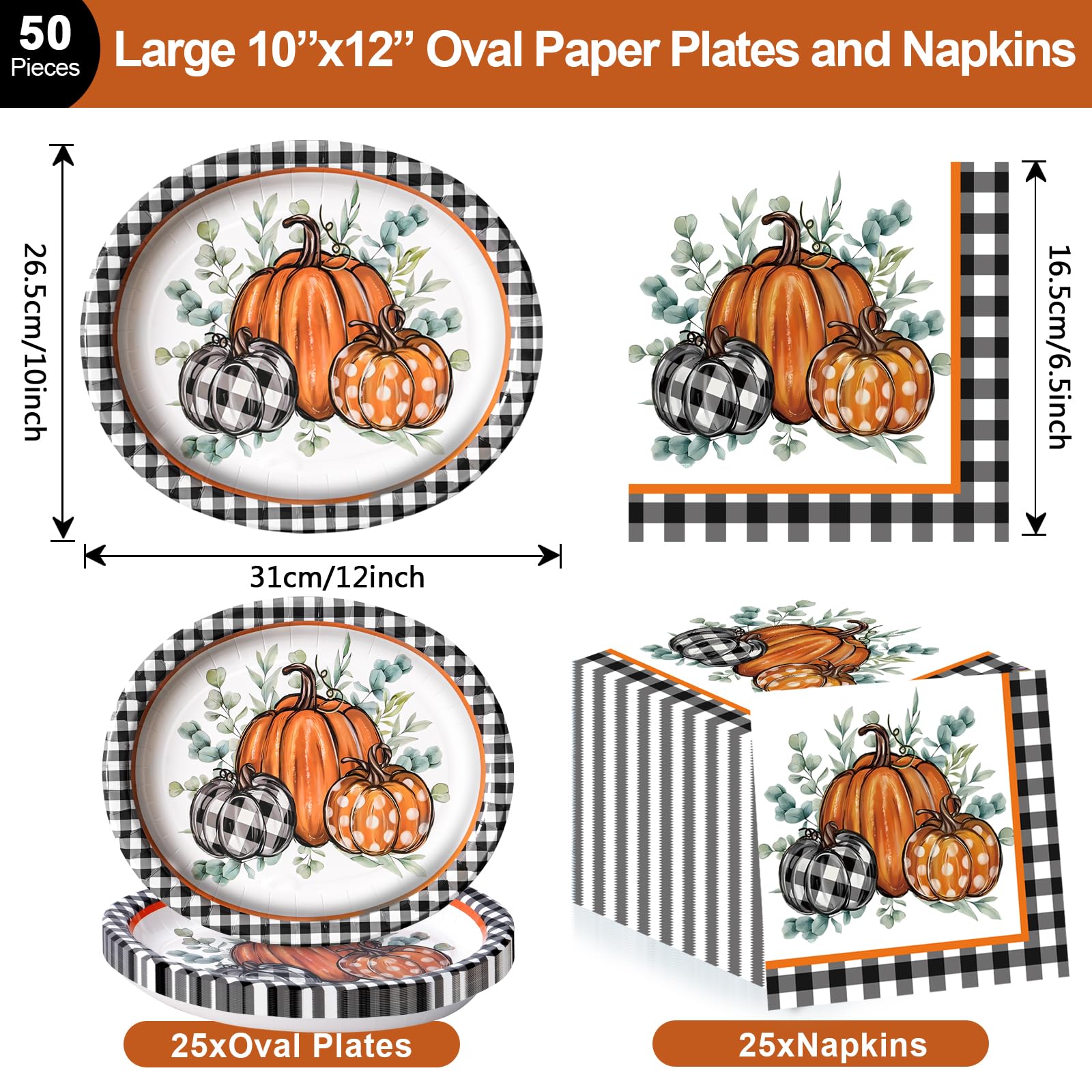 Dereinwo 50Pcs Fall Large 12 x 10 Oval Paper Plates and Napkins Disposable Heavy Duty Paper Plates and Napkins for Fall Party an