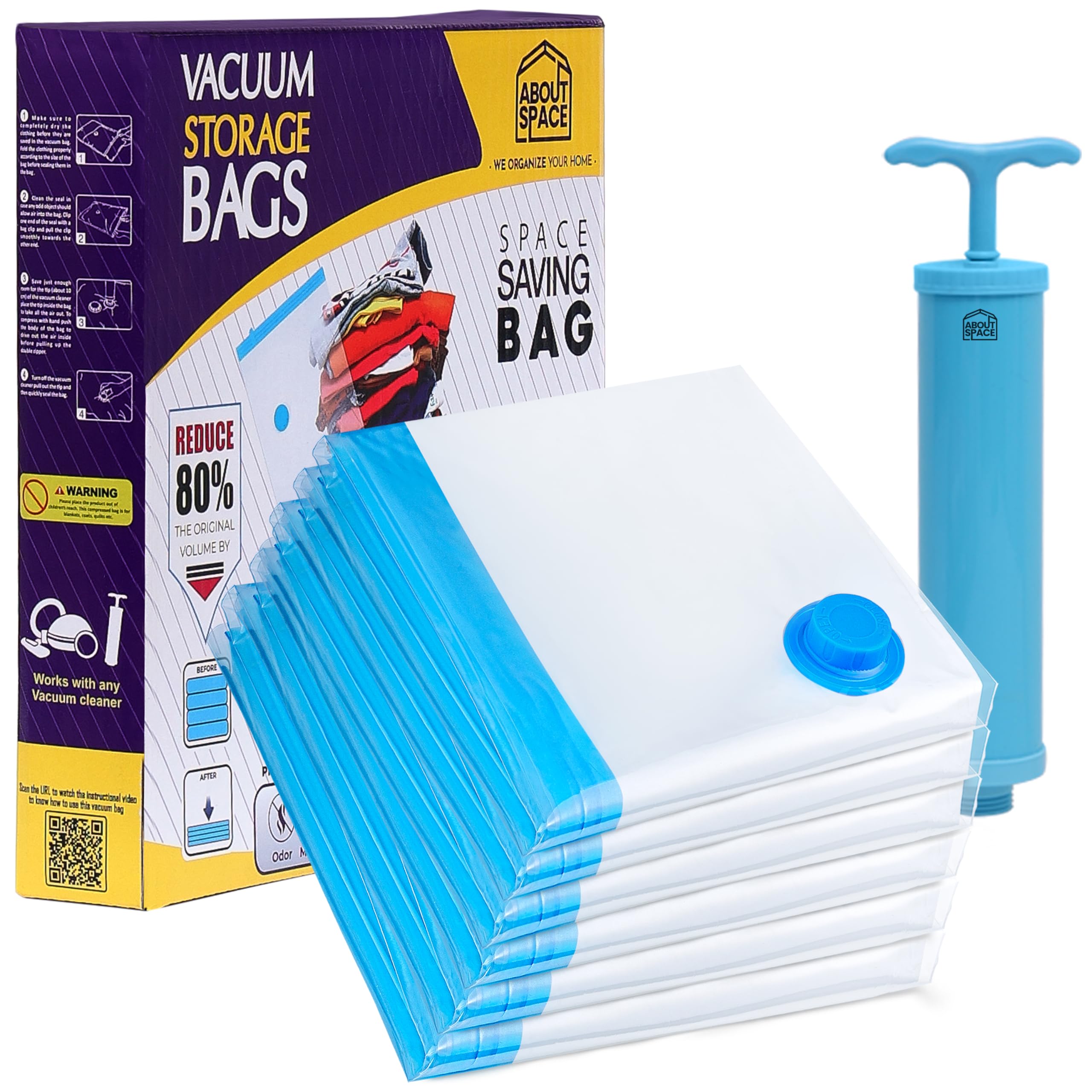About Space Polyamide Polyethylene Vacuum Compression Bags (6 Pack) With Hand Pump | Medium Zip Seal Compression Storage Bags | 