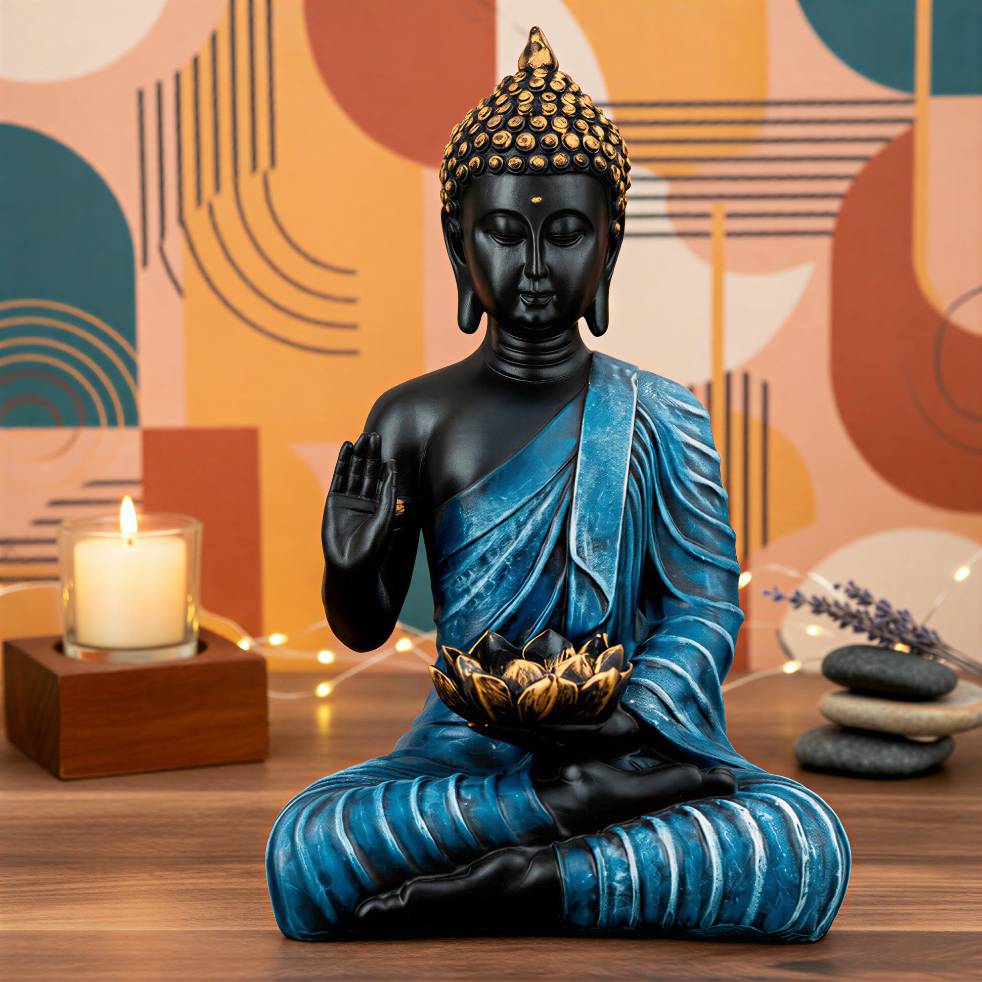 Heeran Art New Meditating Sitting Buddha Statue Showpiece Idol Home Decor Items For Living Room And Gifts (Bule Black, Medium)
