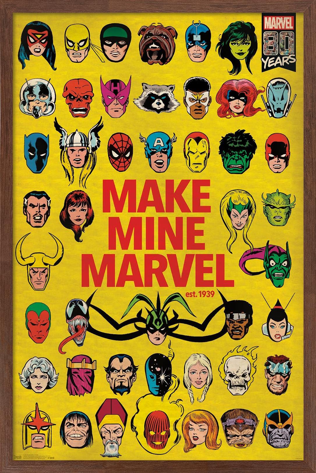 Trends International Marvel Comics - Marvel 80Th Anniversary - Group Wall Poster, 14.725'' X 22.375'', Mahogany Framed Version
