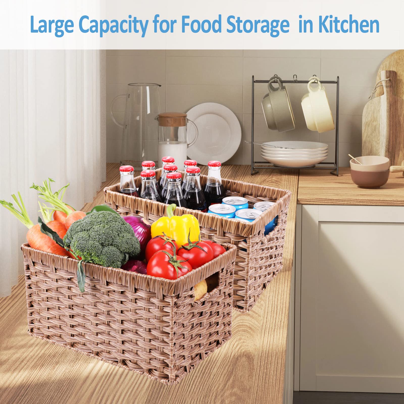 Rosos Wicker Baskets 2 Pack, Rectangular Wicker Storage Basket With Handles, Waterproof Plastic Large Wicker Baskets For Storage
