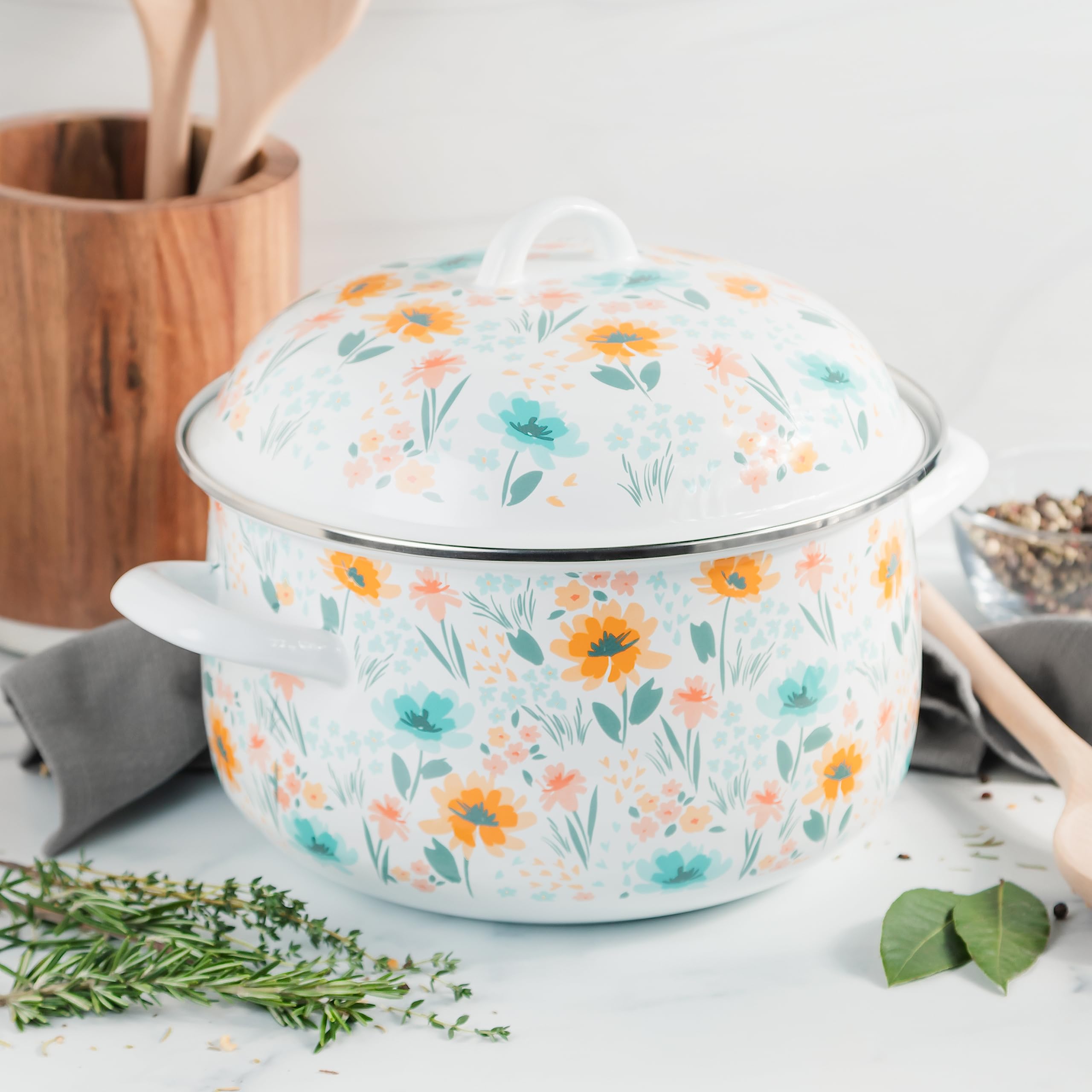McSunley 6Qt Porcelain Enamel Dutch Oven - Floral Design, Model 239