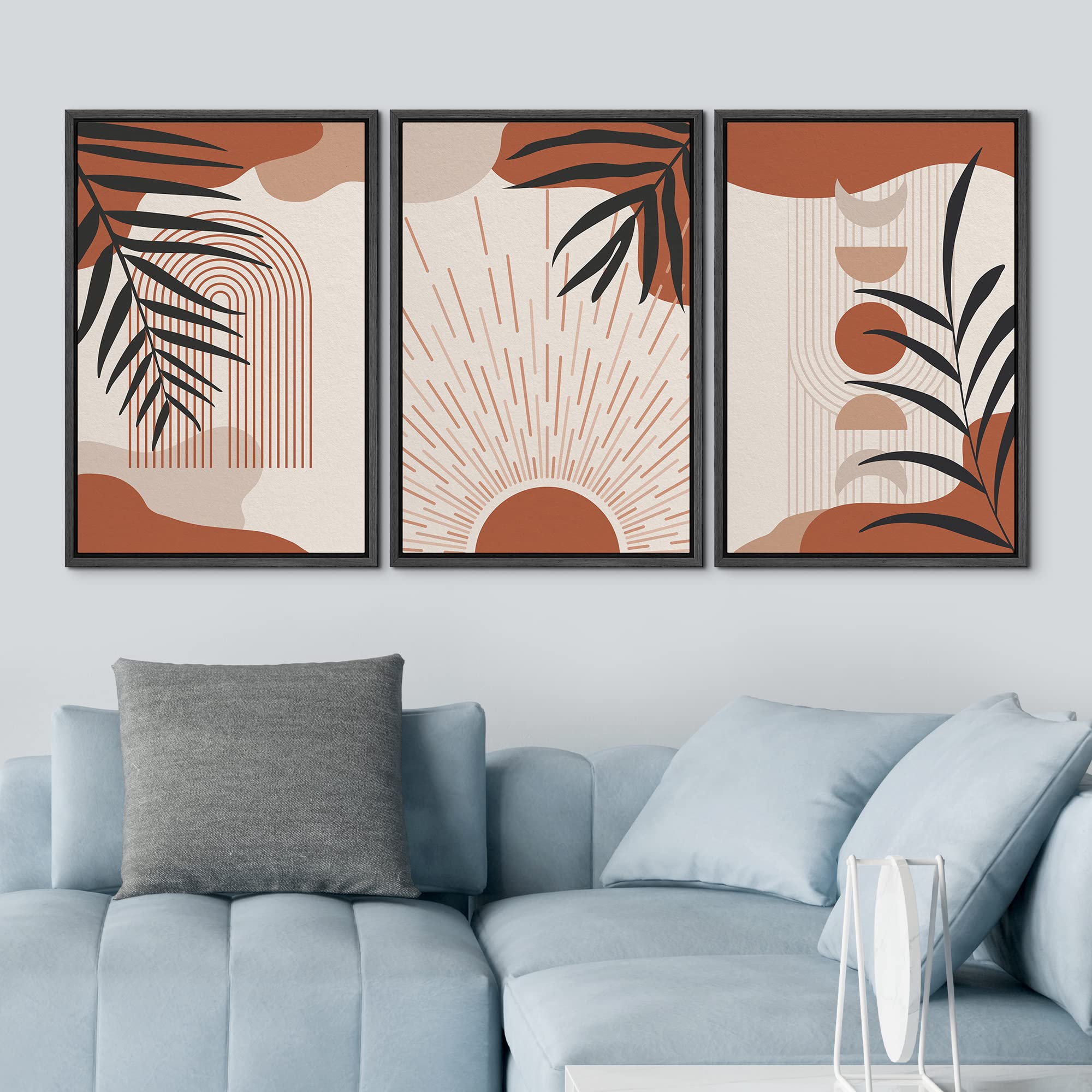 Idea4Wall Framed Canvas Print Wall Art Set Jungle Palm Leaf Mid-Century Collage Abstract Shapes Illustration Modern Art Decorati