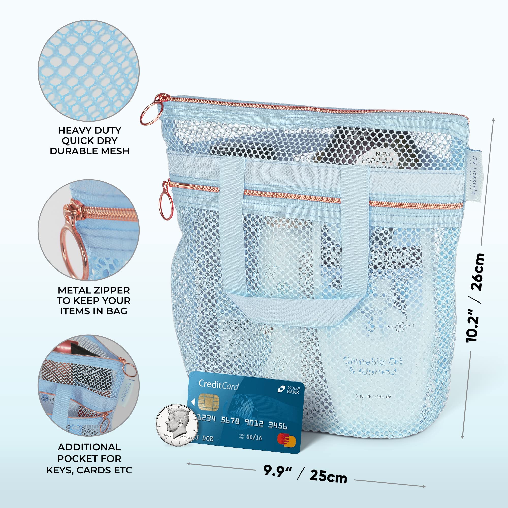 DV Lifestyle Mesh Shower Caddy Portable 10.2x9.9 ' ' Shower Bag with Zipper & 2 Pockets. Shower Tote Ideal for Gym  Travel  Camp  Beach  for Sunscreen  Dorm & College Essentials (Blue)