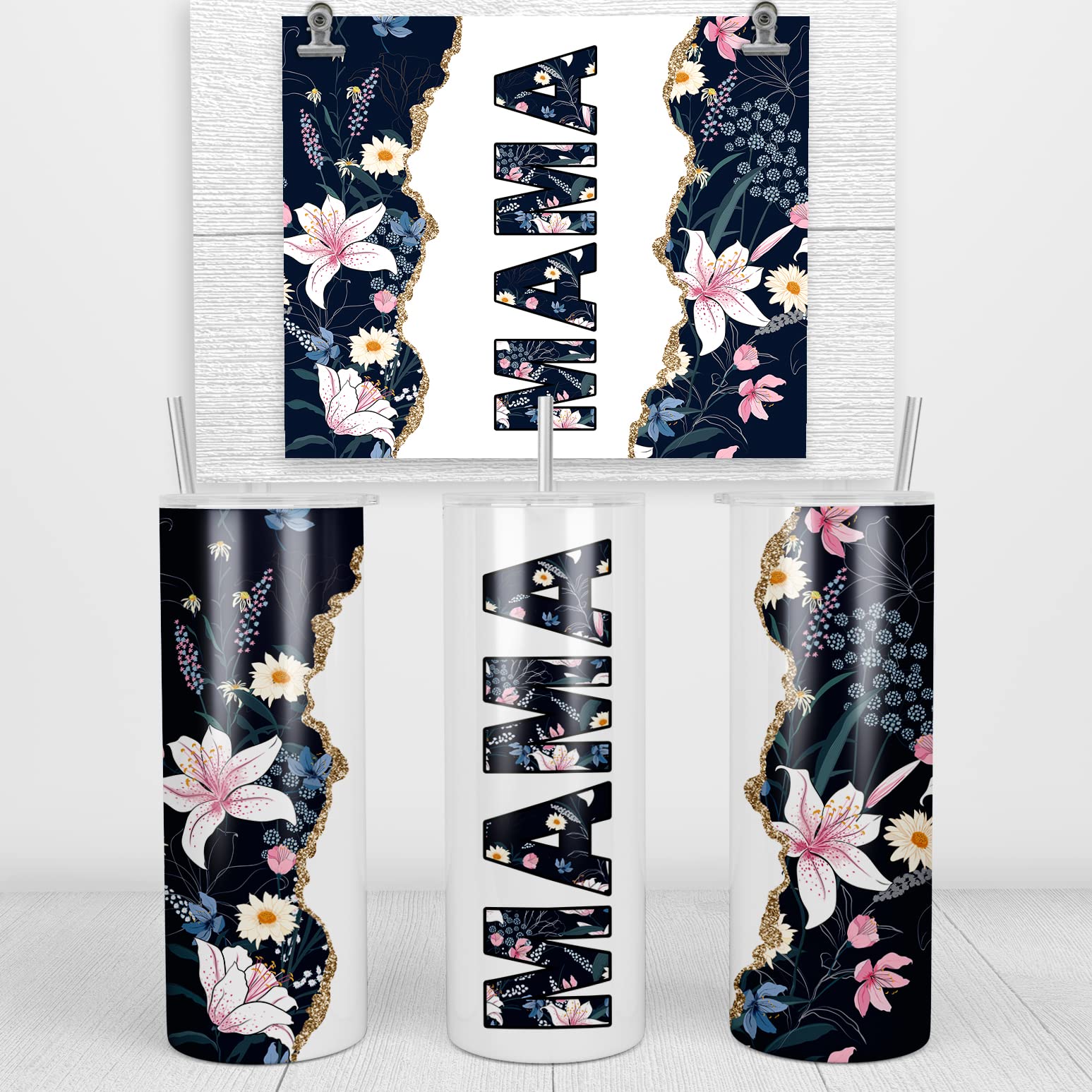 Younique Designs Navy Floral Mama Coffee Tumbler With Straw And Lid, 20 Oz, Insulated Stainless Steel Skinny Tumbler For Women,