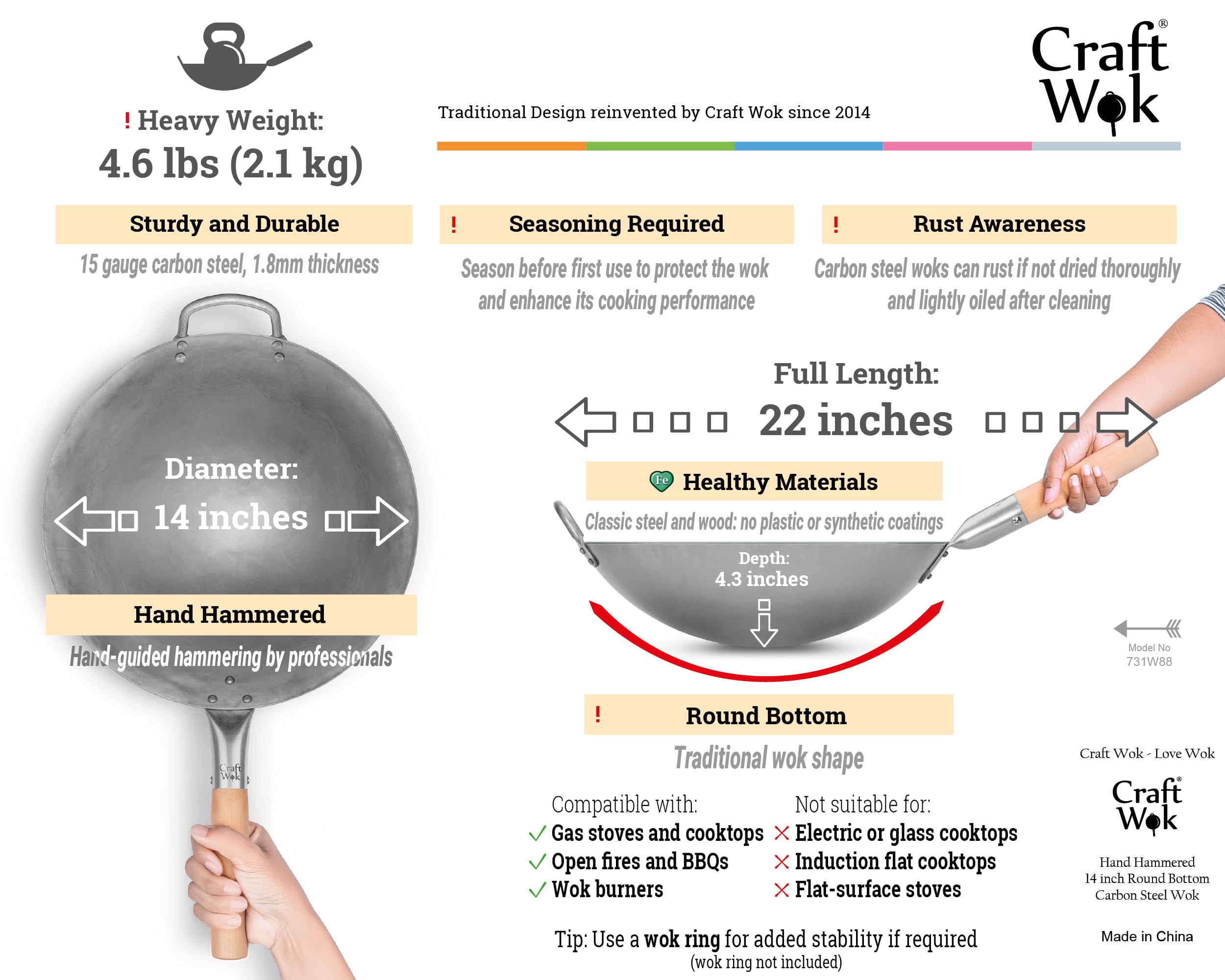 craft Wok Traditional Hand Hammered carbon Steel Pow Wok with Wooden and Steel Helper Handle (14 Inch  Round Bottom)  731W88