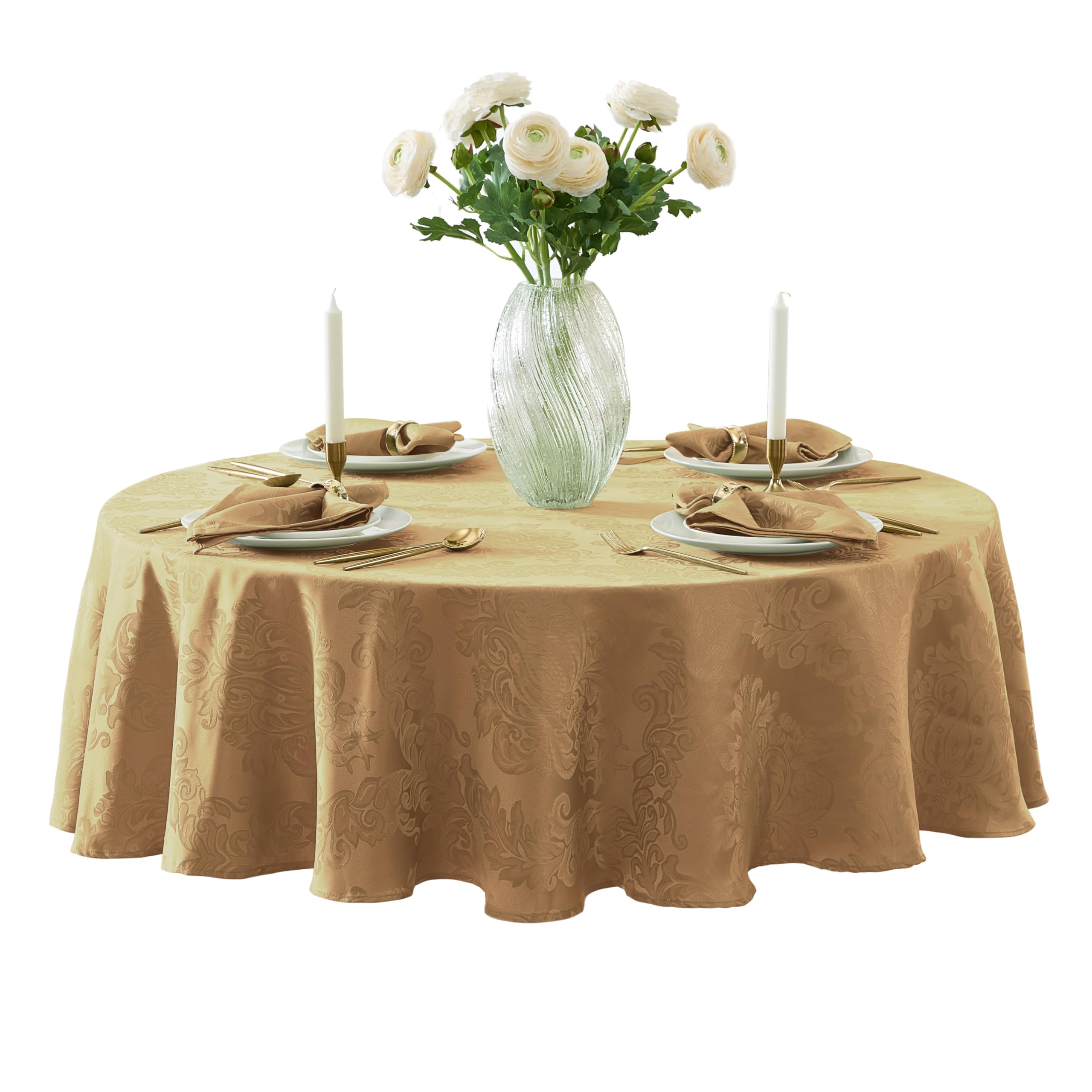 Newbridge Barcelona Damask Fabric Tablecloth, 70 Inch Round, Gold - No Iron, Soil Resistant Table Cover for Dining, Parties and 