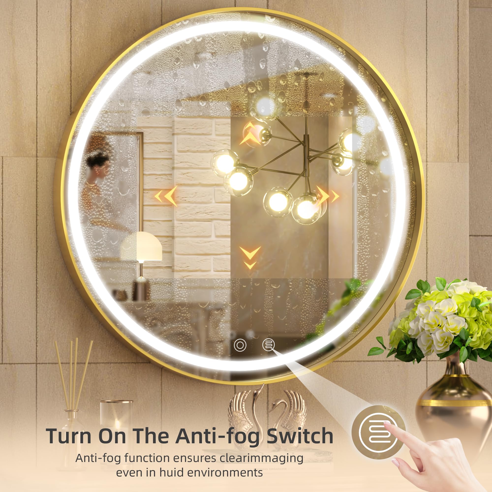 Hasipu 24 Round Led Mirror For Bathroom With Lights, Gold Circle Vanity Mirror For Wall, Metal Framed Frontlit Bathroom Mirrors