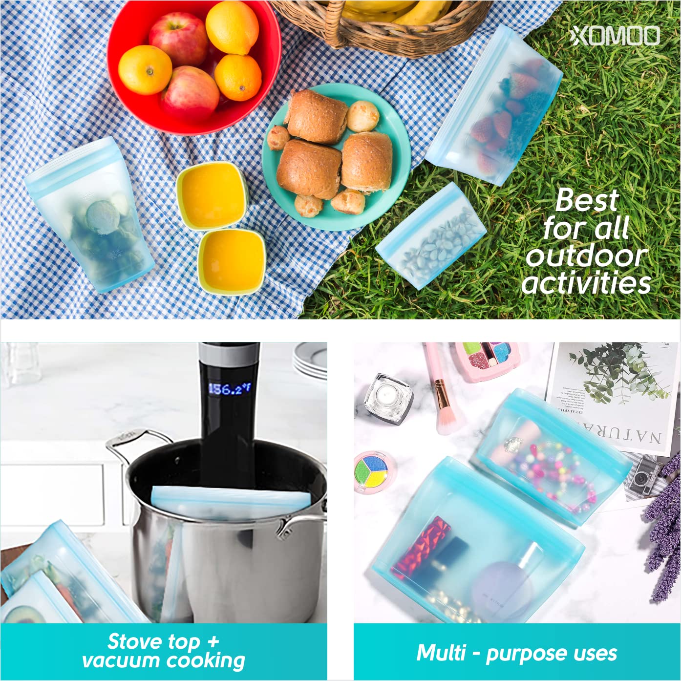 Reusable Food Container Silicone Bag, Upgrade Second Generation 6 Pcs Containers Storage, 100% Silicone Reusable Food Bag, Stand