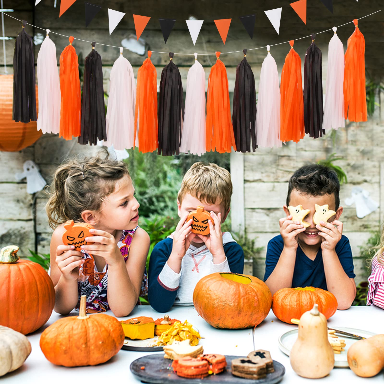 Black White Orange Halloween Party-Decorations - 23pcs Tissue Pom Poms Streamers Tassel Garland Banner Graduation 2023 Birthday Wedding Baby Bridal Shower Decor Bunting Lasting Surprise