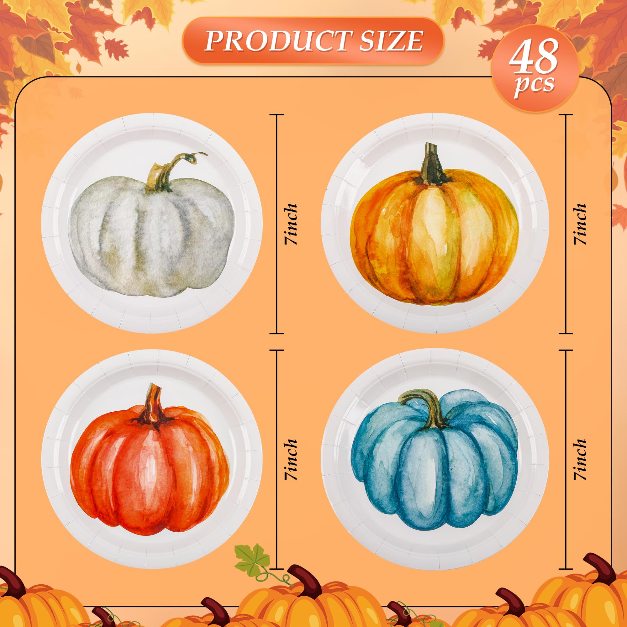 Elyxio 48Pcs Pumpkin Paper Plates Orange Blue Pumpkins Party Plates Fall Disposable 7 Dessert Plate for Autumn Thanksgiving Harv
