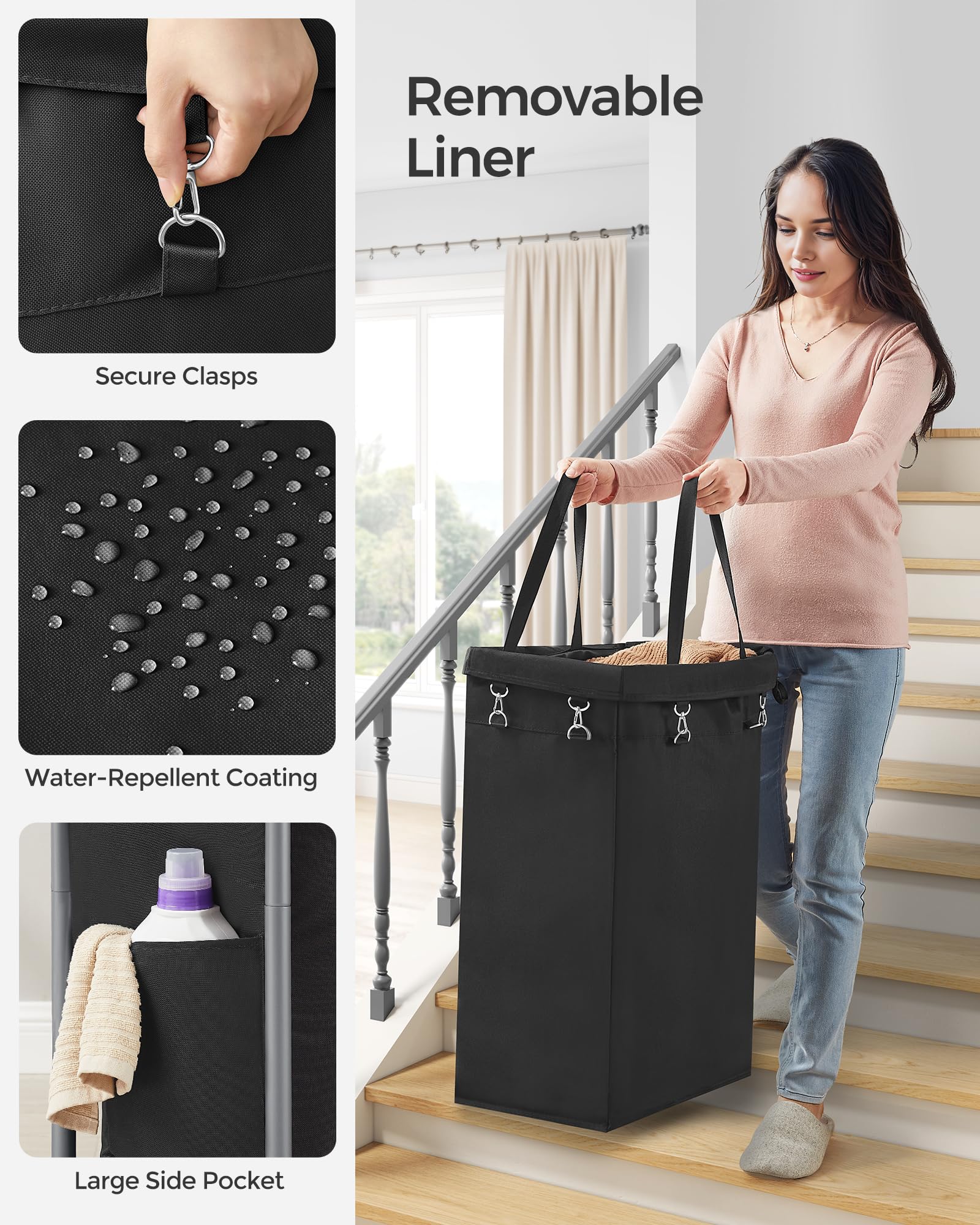 Songmics Laundry Basket With Wheels, Rolling Laundry Hamper, 23.8 Gallons (90L), Removable Liner, Steel Frame With Handle, Blank