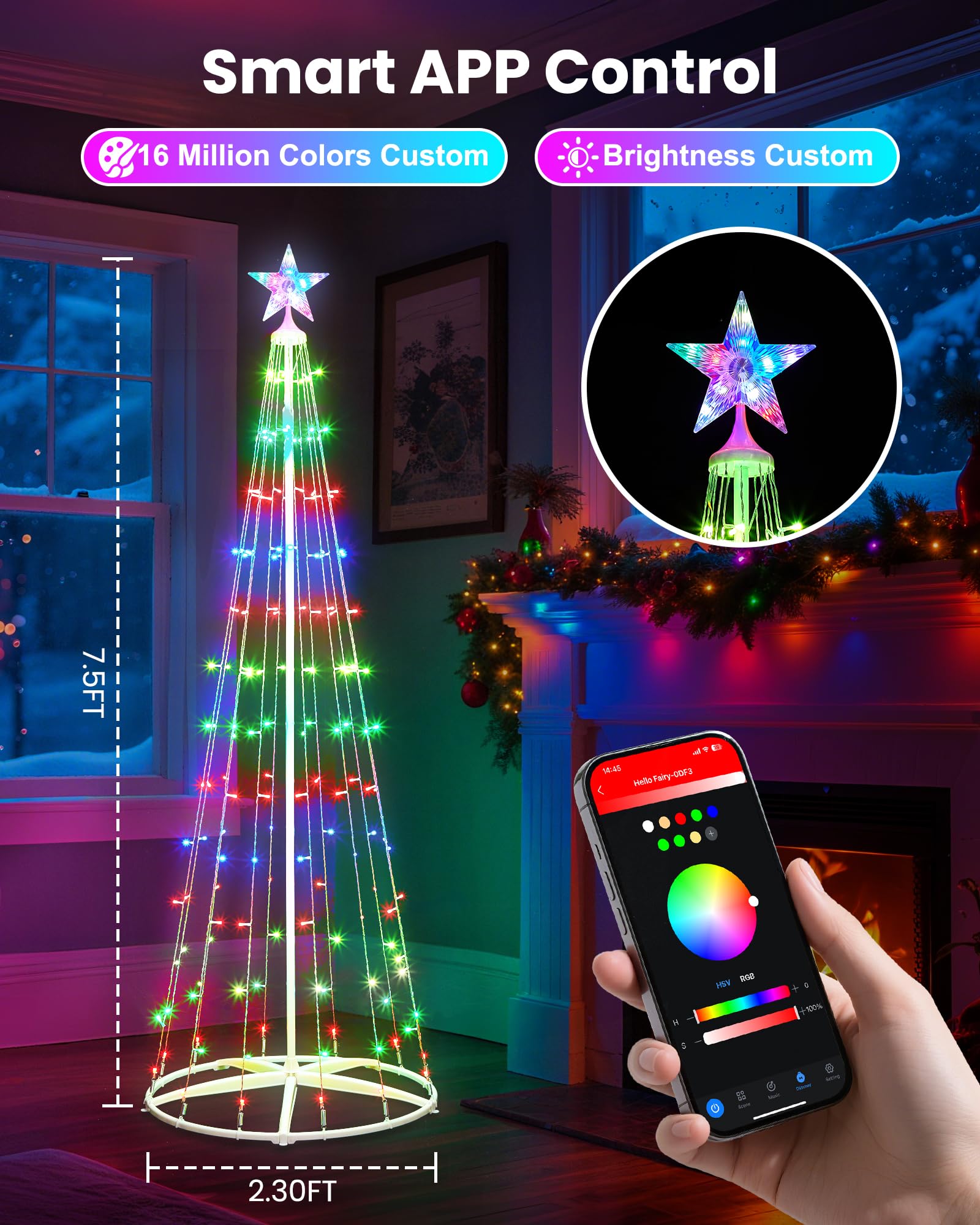 7.5Ft Smart LED Christmas Cone Tree Light, 178 LEDs Lighted Artificial Tree with Star Topper, Music Sync with Remote APP Control