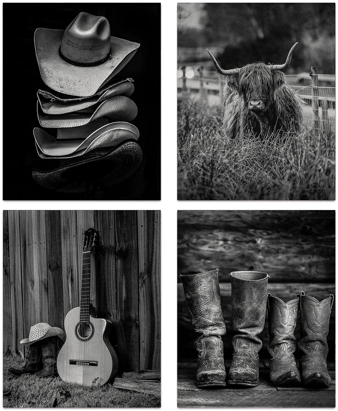 NIIO Western Cowboy Wall Art  Highland Cow Print  Boots Straw Hat and Longhorn Decor Vintage Farmhouse Canvas for Men's Bedroom  Set of 4(8inx10in  Unframed)