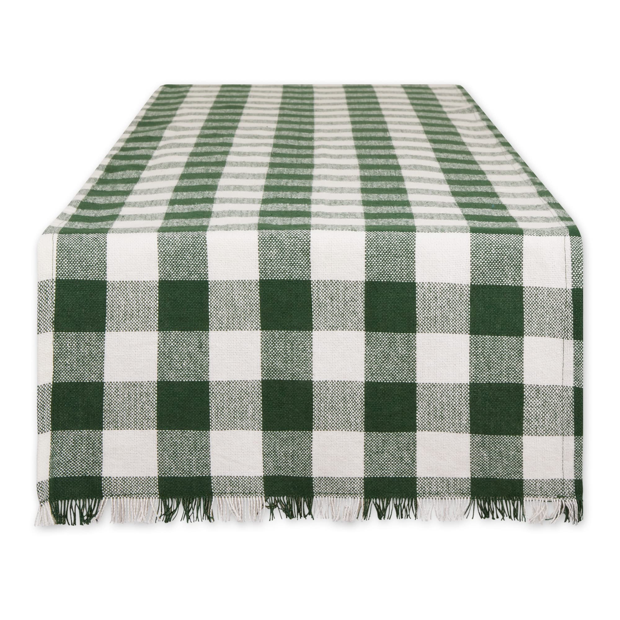 Dii Heavyweight Fringed Check Tabletop Collection, Table Runner, 14X108, Hunter Green
