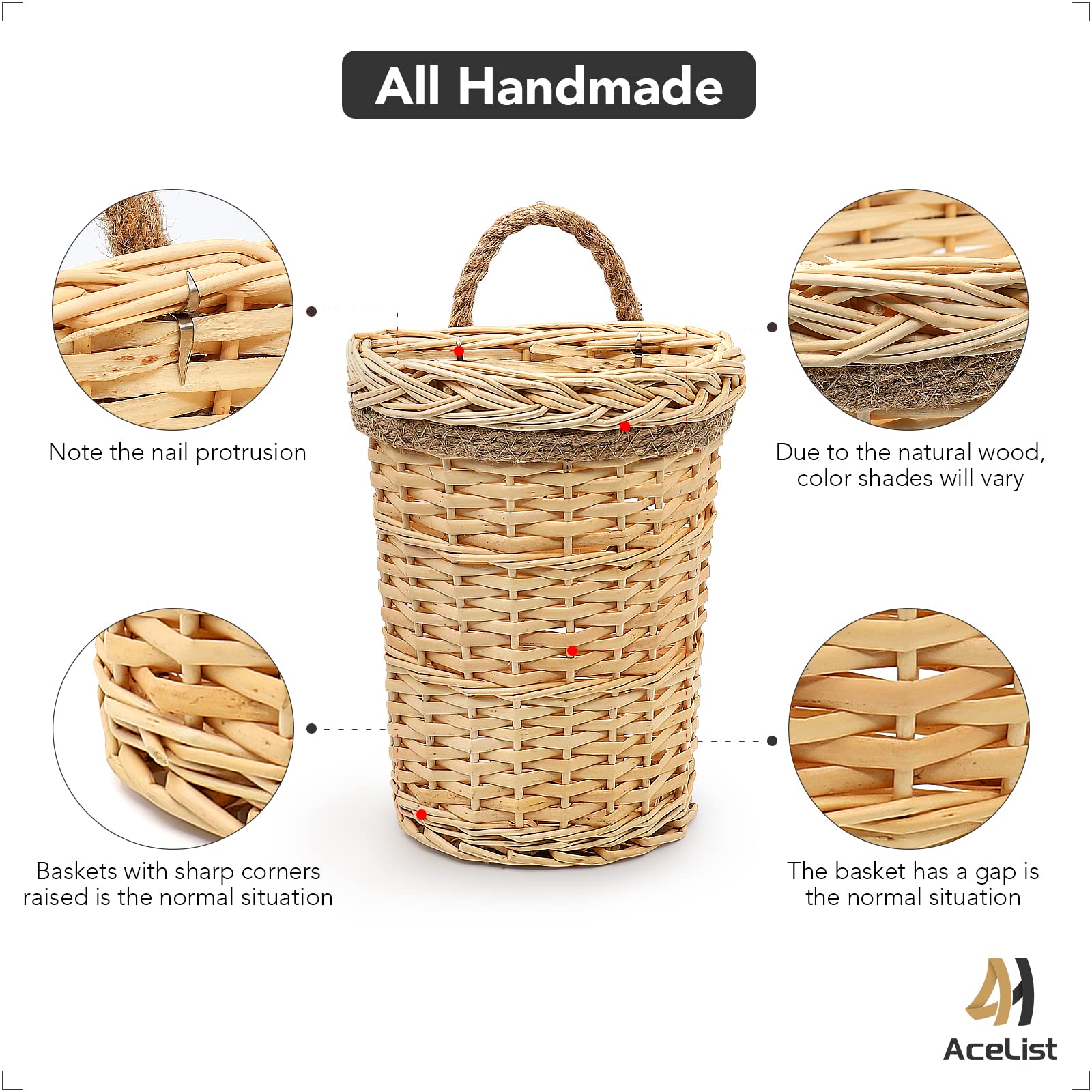 2 Pack Woven Wicker Hanging Baskets, Rustic Farmhouse Hanging Wall Basket Decor For Front Door Wall Kitchen Home Room(Original)