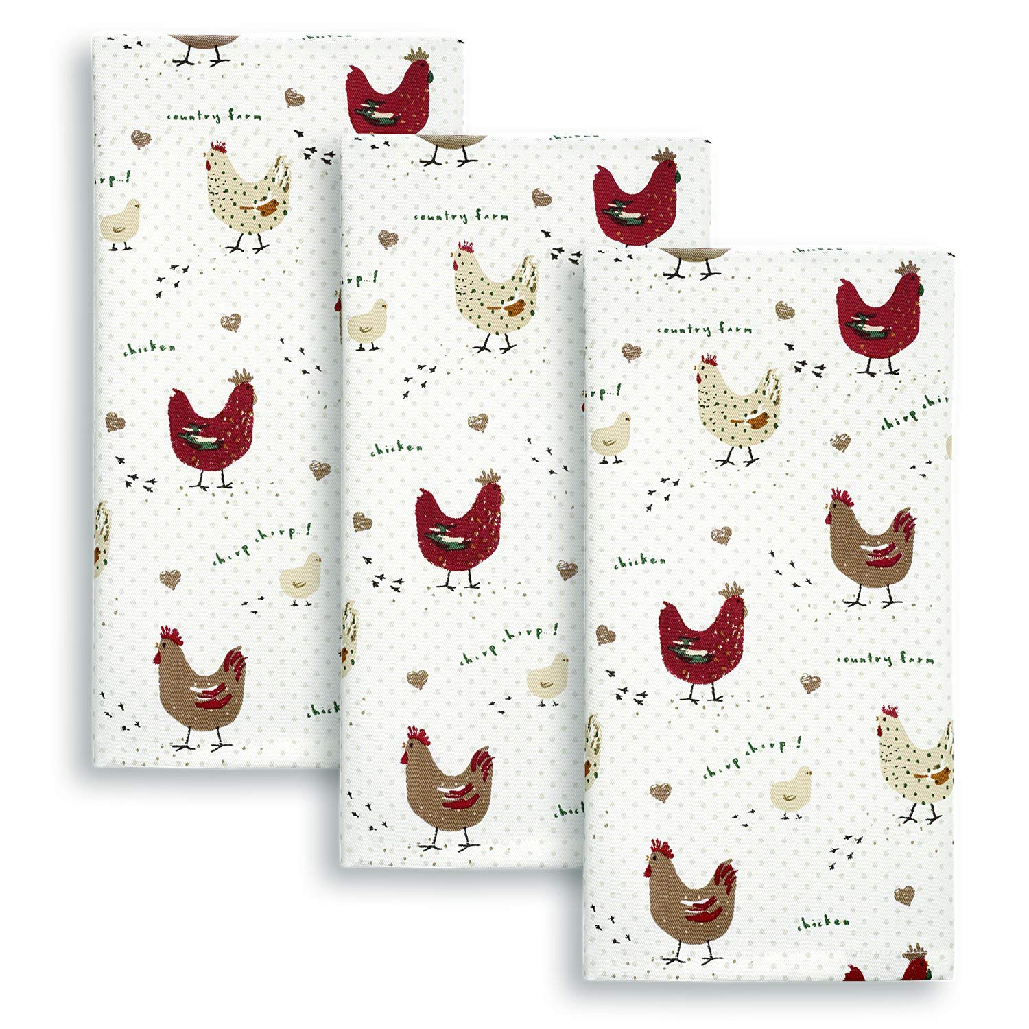 Cackleberry Home Farmhouse Chicken Kitchen Towels 100% Cotton, Set Of 3
