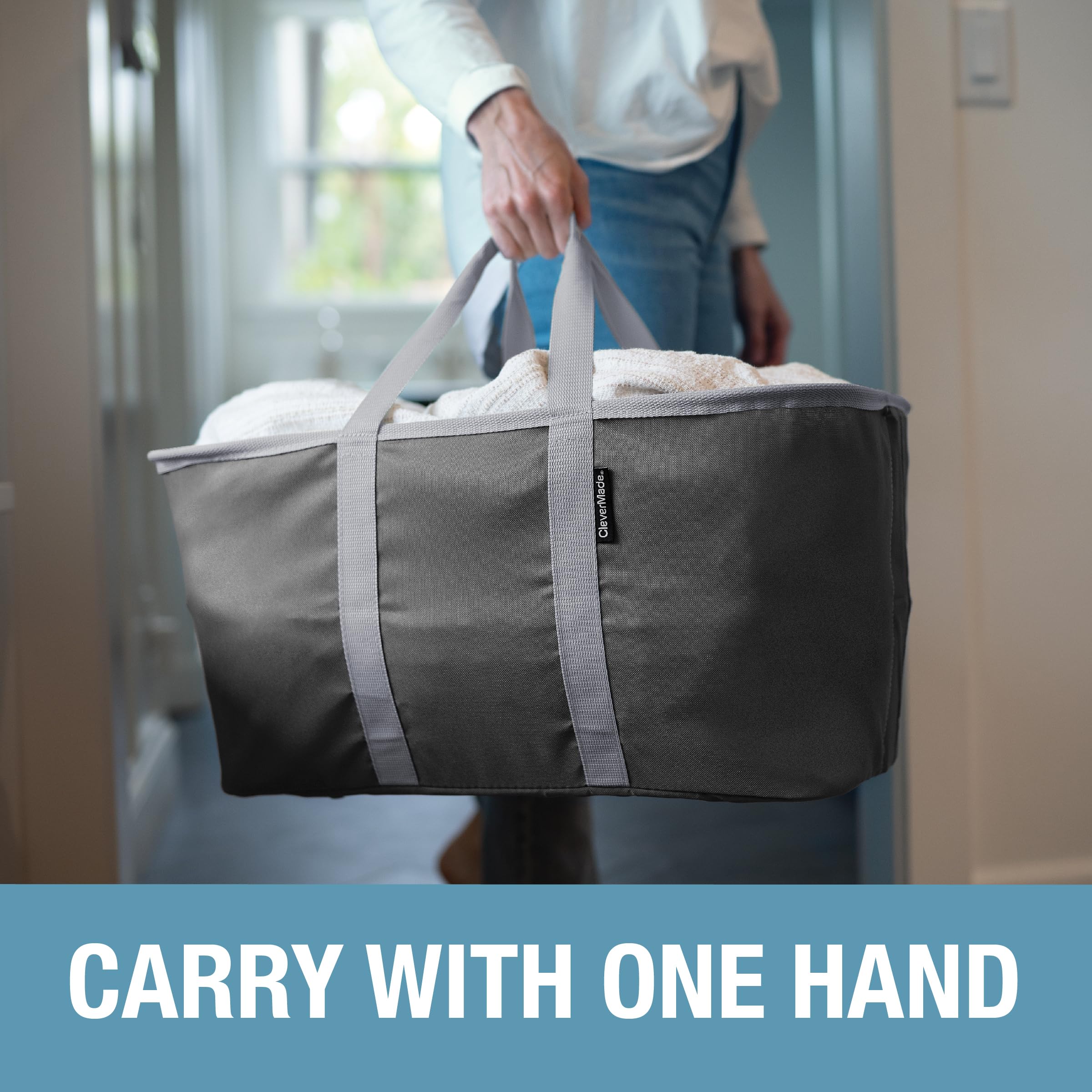 CleverMade Collapsible Fabric Laundry Baskets - Foldable Pop-Up Storage Container Organizer Bags - Large Rectangular Space Saving Clothes Hamper Tote with Carry Handles  Pack of 2  Charcoal