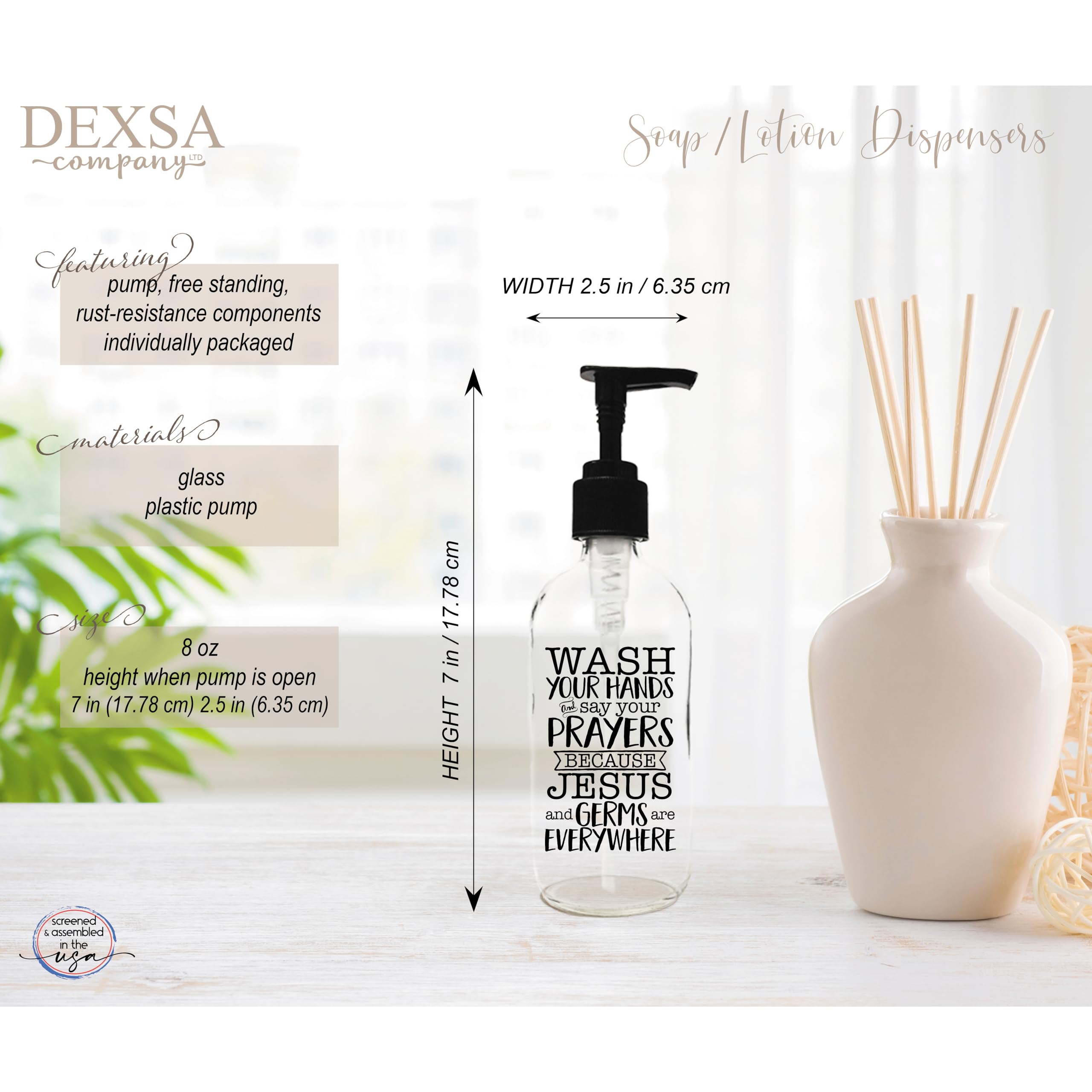 Dexsa Glass Soap Dispenser 8Oz - Wash Your Hands And Say Your Prayers Because Jesus And Germs Are Everywhere