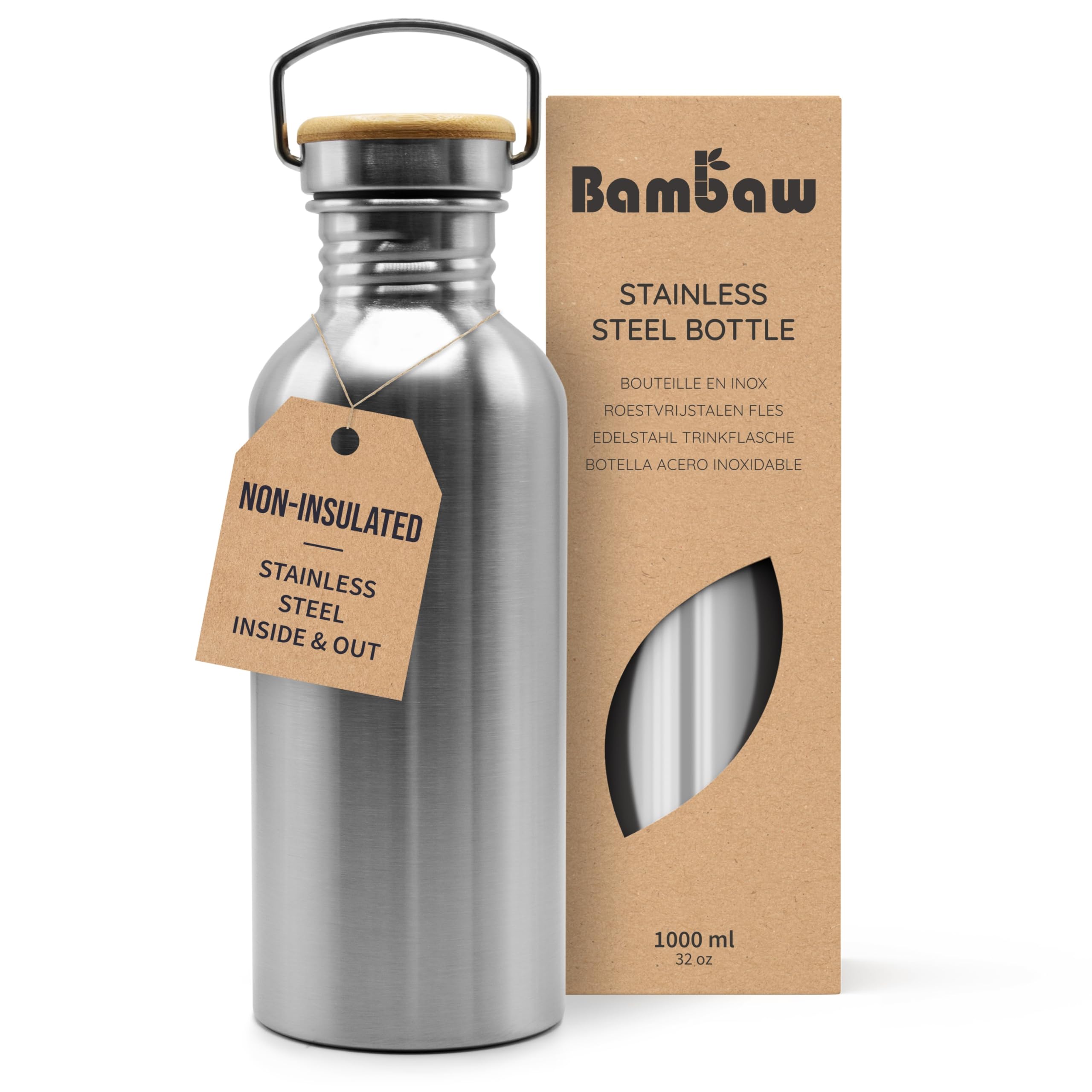Bambaw 32 Oz Water Bottle Metal Water Bottle Single Wall Stainless Steel Water Bottle Reusable Water Bottle Stainless Steel Wate