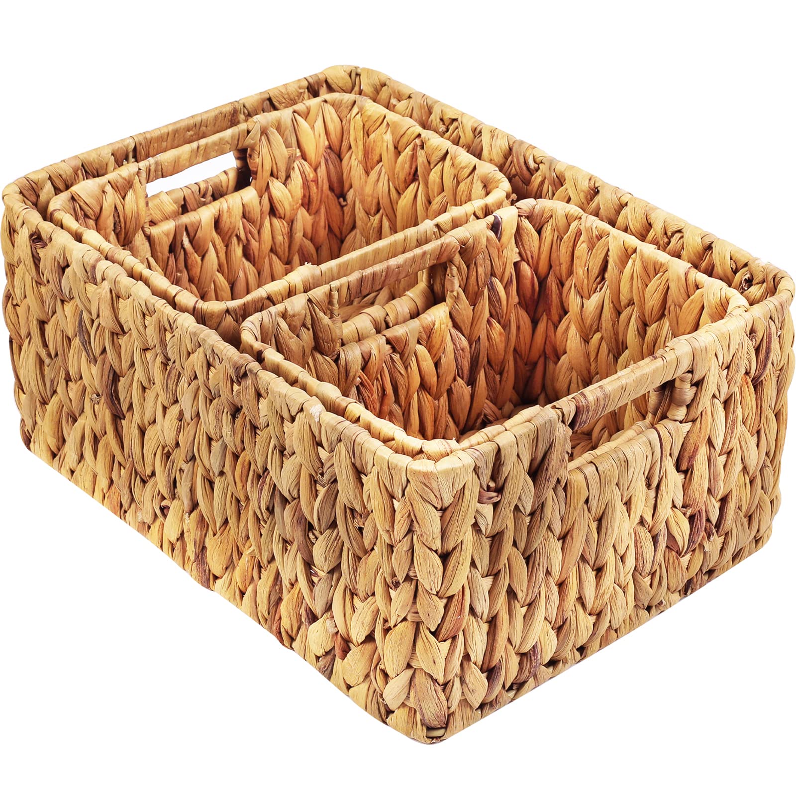 Hoonex Water Hyacinth Storage Baskets, Wicker Baskets For Storage, Hand Woven Baskets With Carry Handles, Set Of 3, Natural