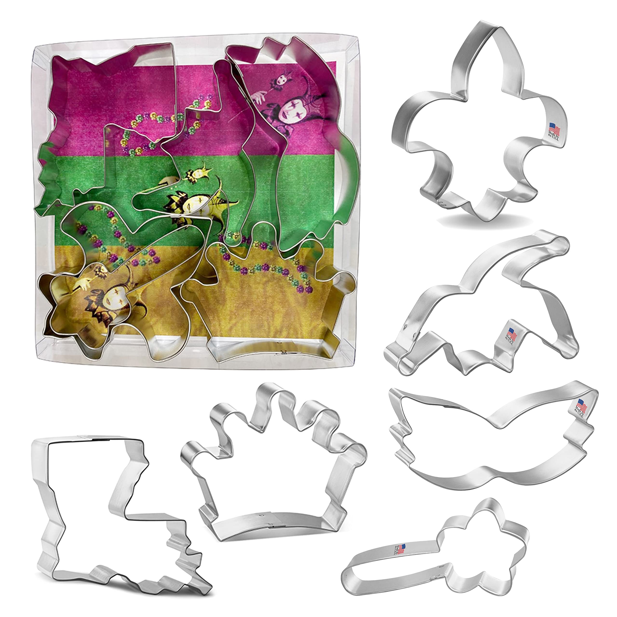 Mardi Gras Cookie Cutter 6 Pc Set - Jester Hat, Magic Wand, Crown, Mardi Gras Mask, Fleur D Lis, State Of Louisiana Cookie Cutte