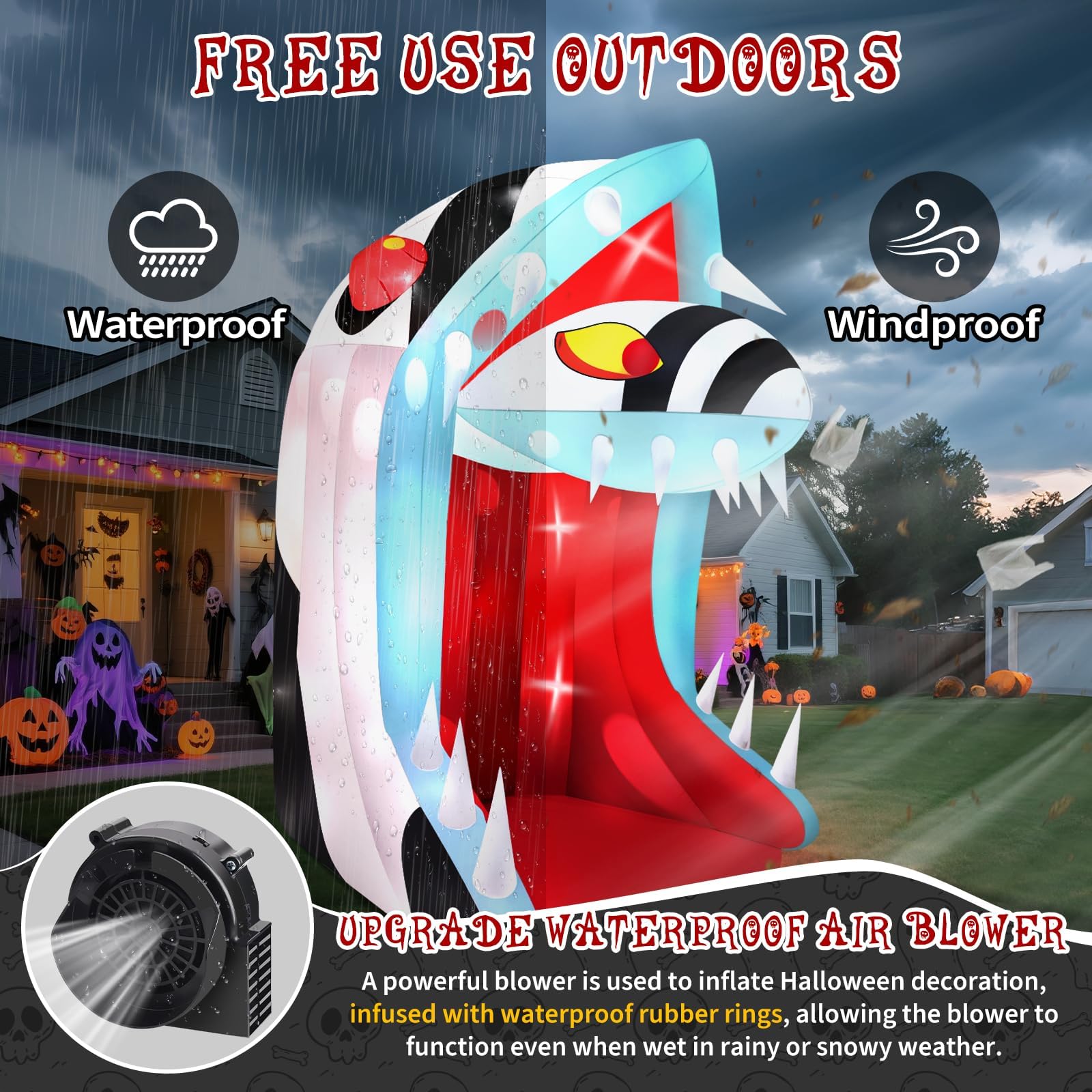 10FT Halloween Inflatable Snake Head with LED Light, Kalolary Halloween Outdoor Decoration with Open Mouth and Sharp Teeth, Hall