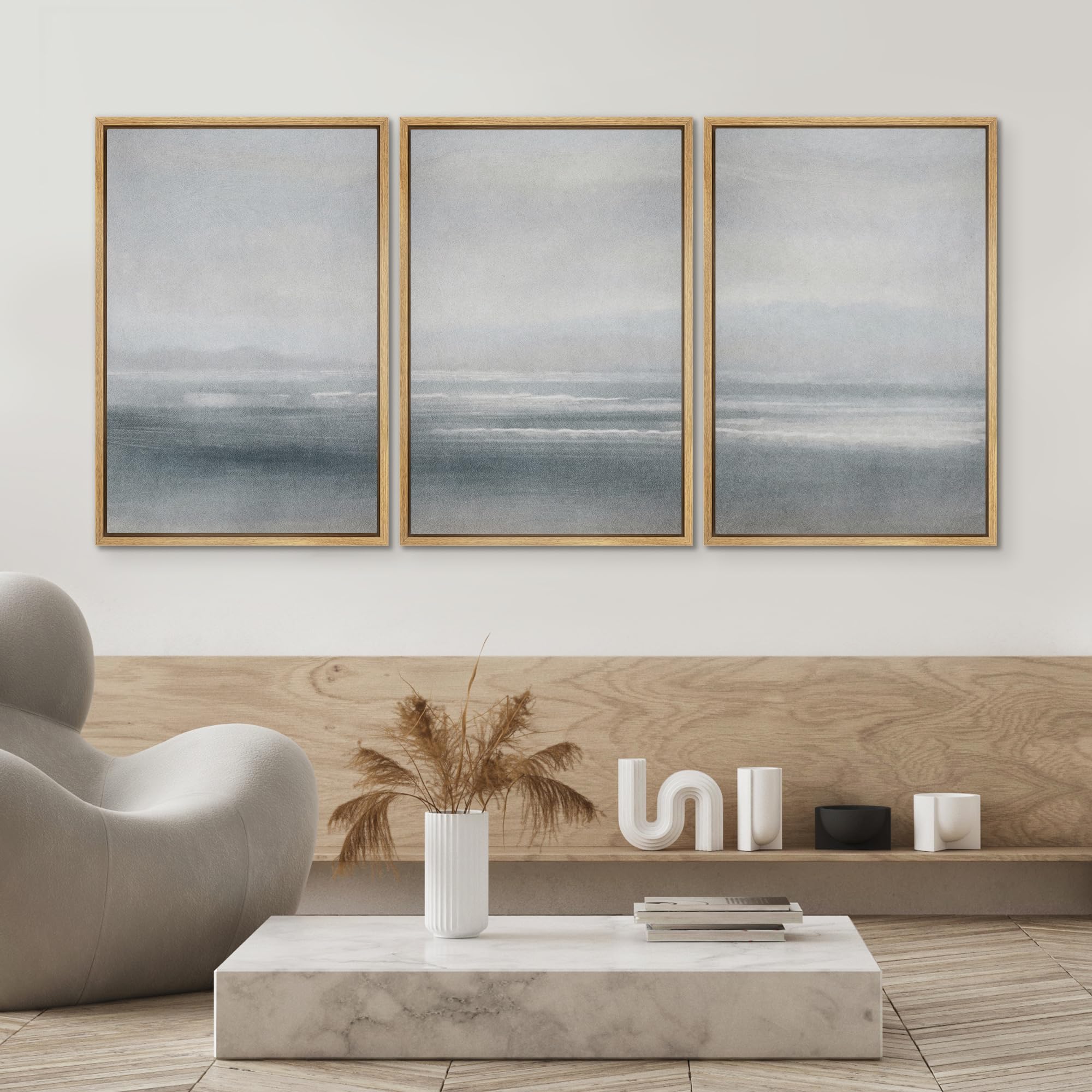 Signwin Framed Canvas Print Wall Art Set Serenity Seascape Soft Blue Ocean Views Modern Art Decorative Rustic Calm/Zen For Livin