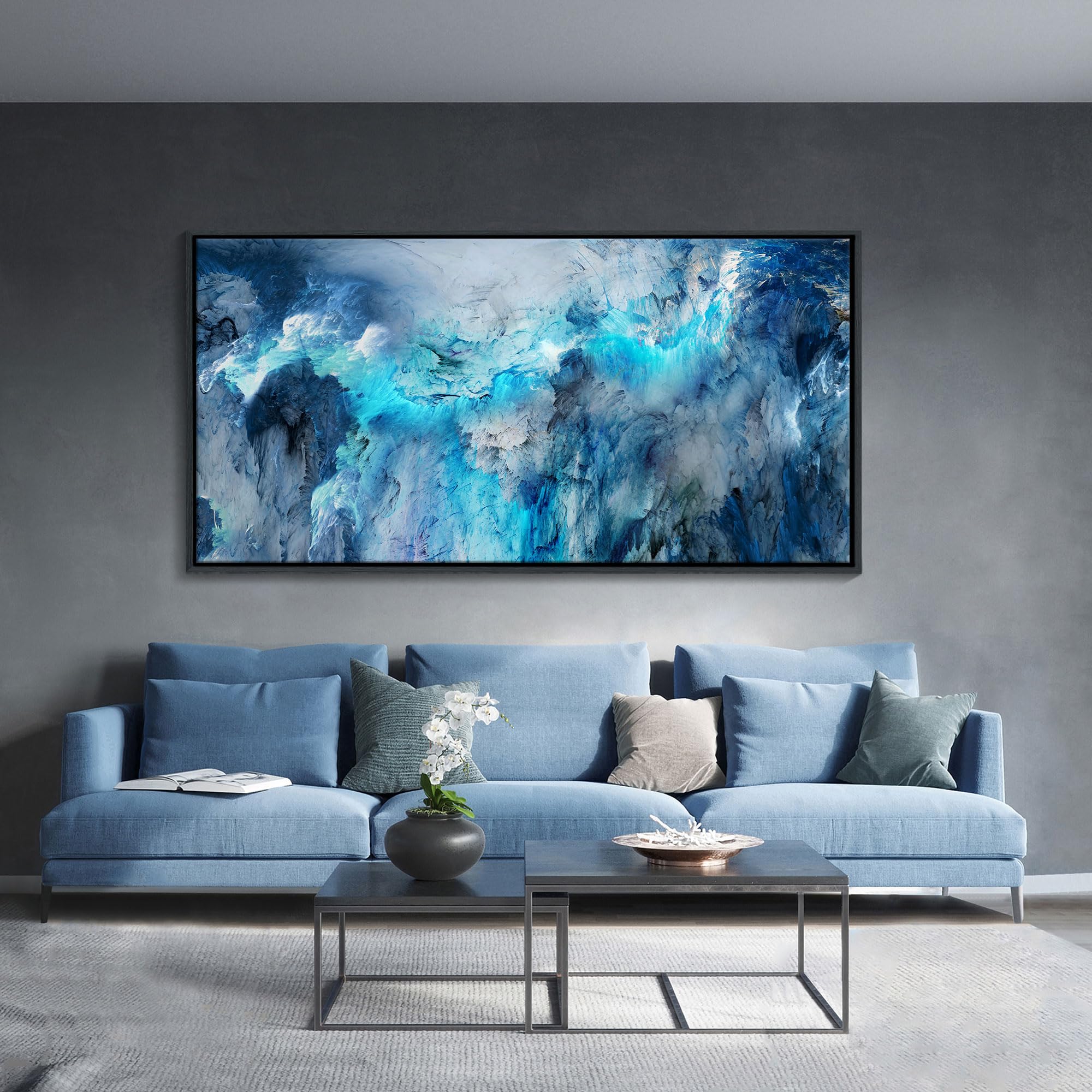 Mofutinpo Large Abstract Canvas Art | Framed Modern Contemporary Wall Decor For Living Room, Bedroom, And Office | Blue Abstract
