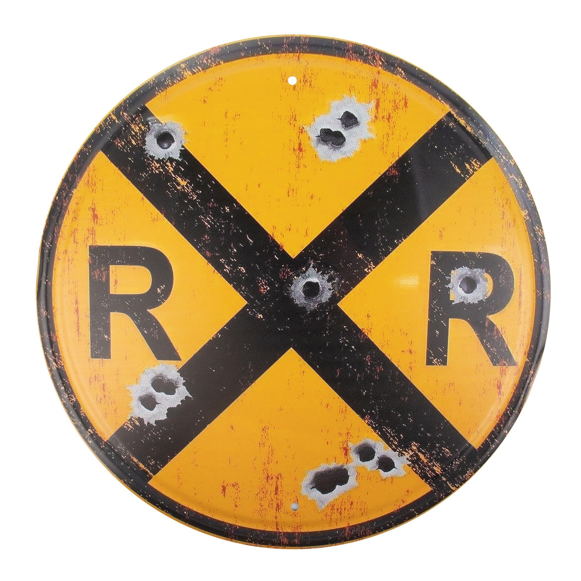 Framendino, 12 Inch Railroad Crossing Round Metal Tin Sign Retro Wall Decor for Home Gate Garden