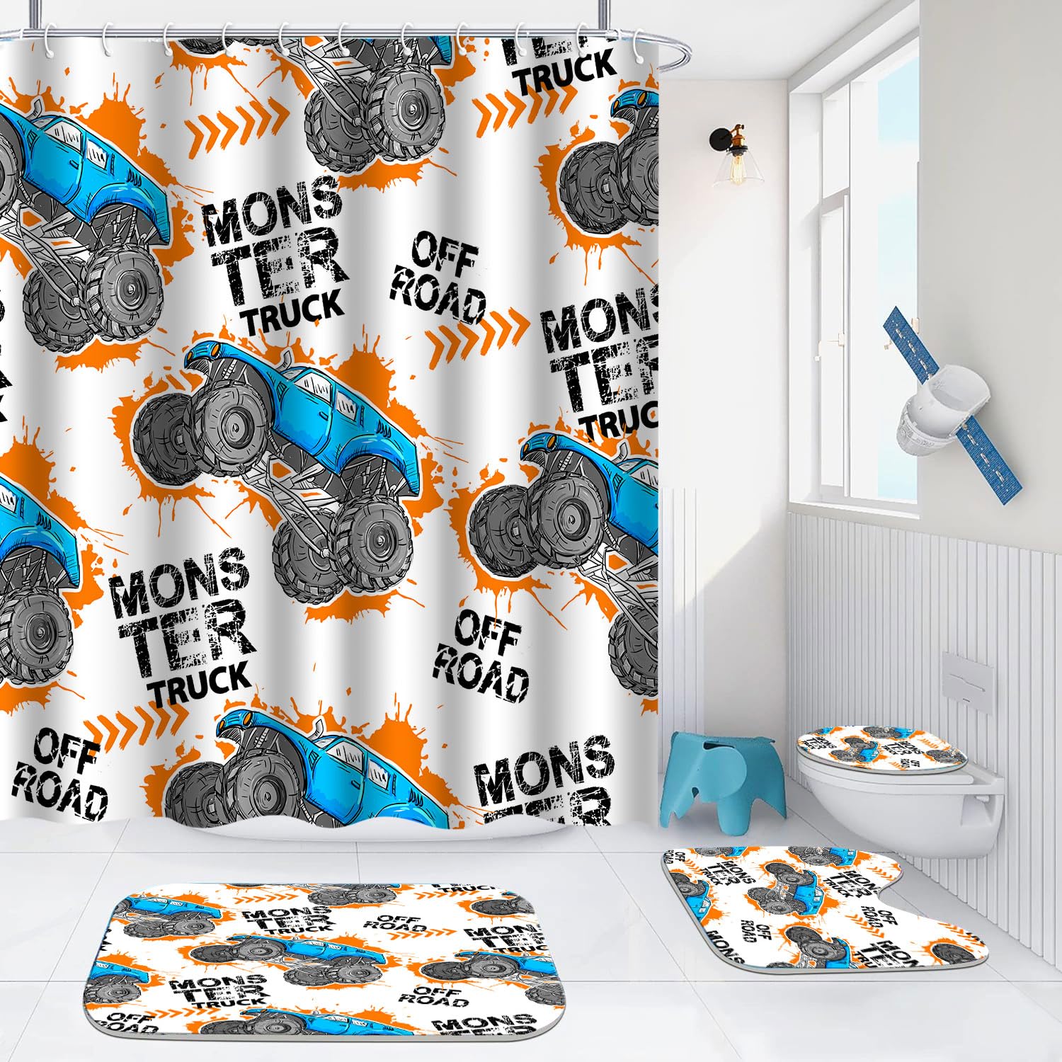 Boys Bathroom Monster Truck Shower Curtain Sets Monster Truck Shower Curtains Set 4 Piece Teen Boy Room Decor, Waterproof Cartoo